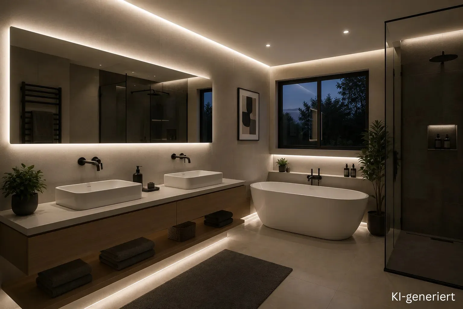 Modernes Badezimmer mit indirekter LED-Beleuchtung durch neutralweiße 4000K LED-Streifen. Gleichmäßige Lichtlinien an Spiegel, Waschtisch, Badewanne und Decke sorgen für eine helle, natürliche Ausleuchtung ohne sichtbare LED-Punkte