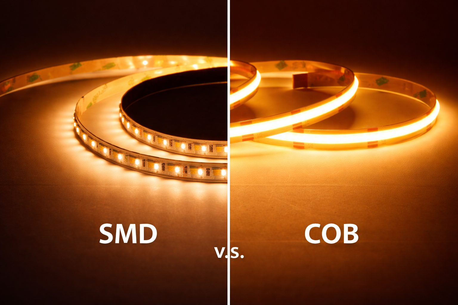 SMD vs COB LED Streifen im Vergleich mit punktuellem und homogenem Lichtbild fuer indirekte Beleuchtung und Lichtplanung