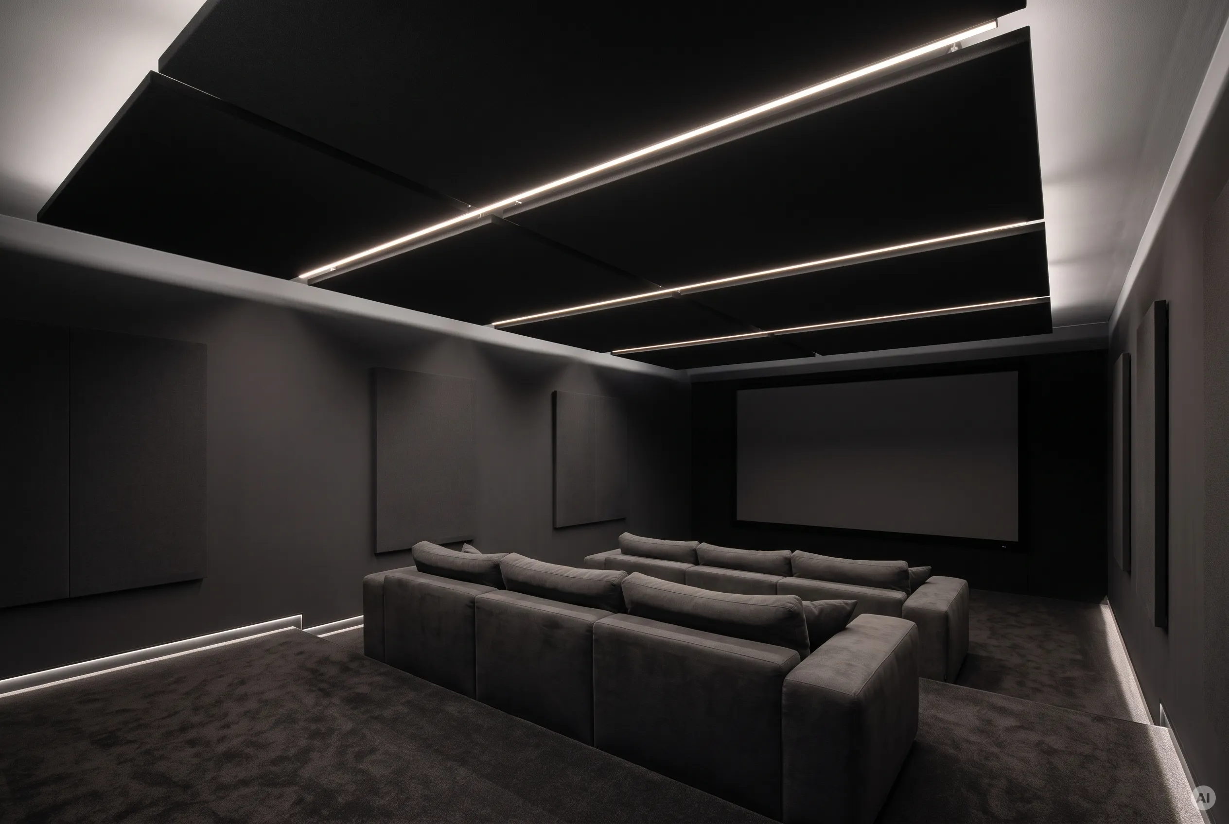 Privates Keller-Heimkino mit dunklen Modulsofas und rechteckigen Akustik-Deckenelementen, getrennt durch schmale, warmweiße LED-Profilleuchten.