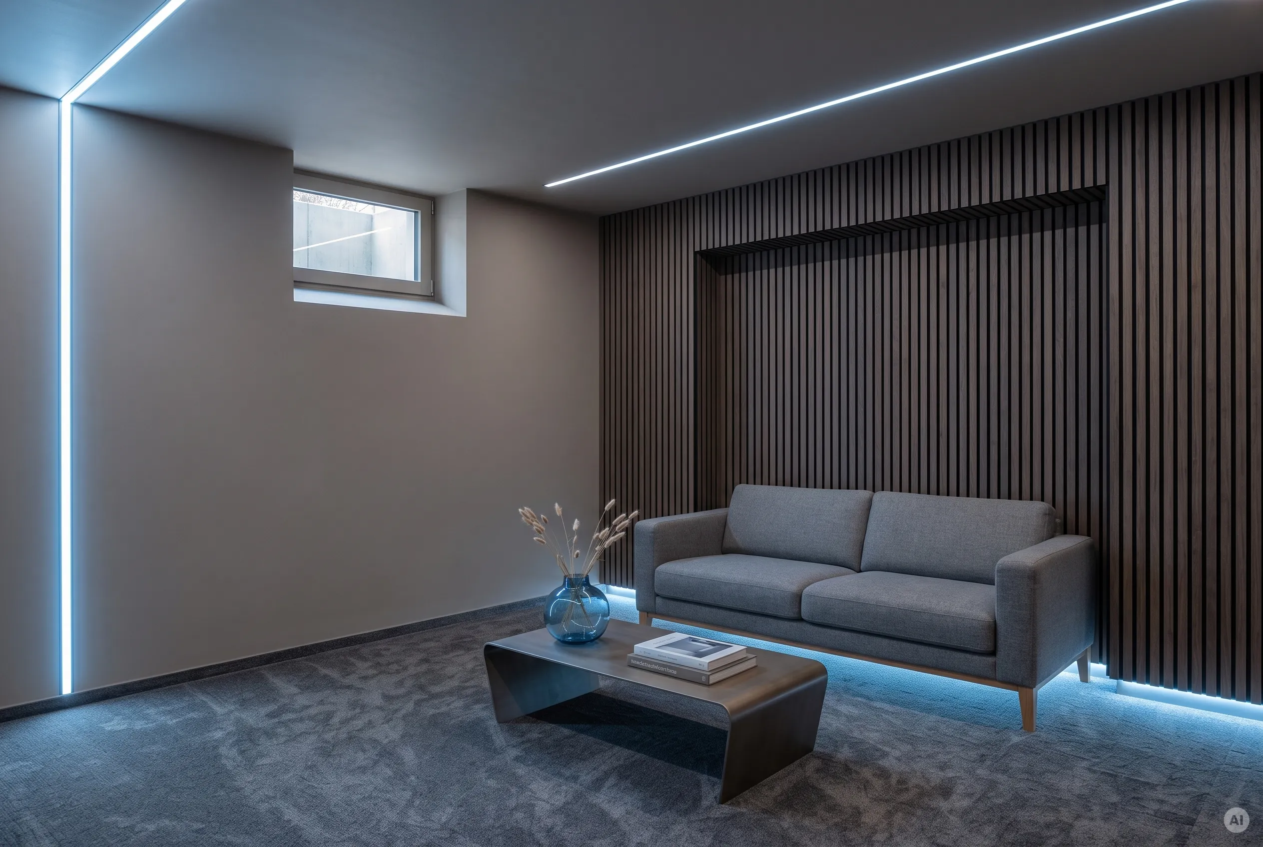 Moderne Keller-Lounge mit einem grauen Sofa vor einer dunklen Holzlamellenwand. Vertikale und horizontale LED-Streifen mit blauem Licht akzentuieren den Raum. Ein kleiner Couchtisch mit einer blauen Vase steht auf dem Teppich.