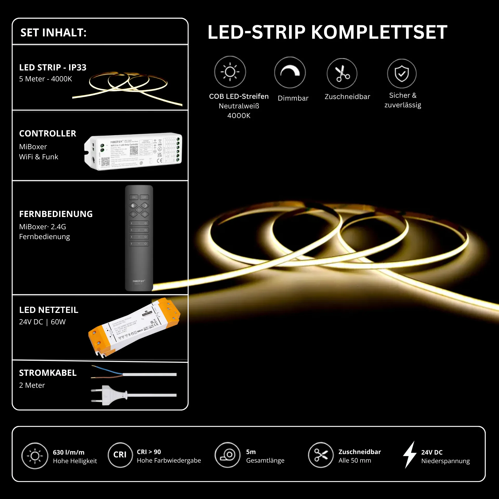 LED Streifen Set Einfarbig COB Schmal – 5 mm COB LED Streifen 24V, punktfrei, 7 W/m, 5m, Neutralweiß 4000K, CRI 90 – SS60 Netzteil, WL5 WiFi Controller & C1 Fernbedienung Schwarz
