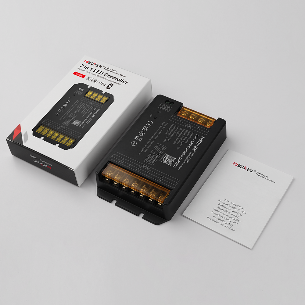 MiBoxer HR2 2-in-1 LED Controller – Single Color & CCT, 12–48V, 30A, 2.4GHz RF Push Dimming