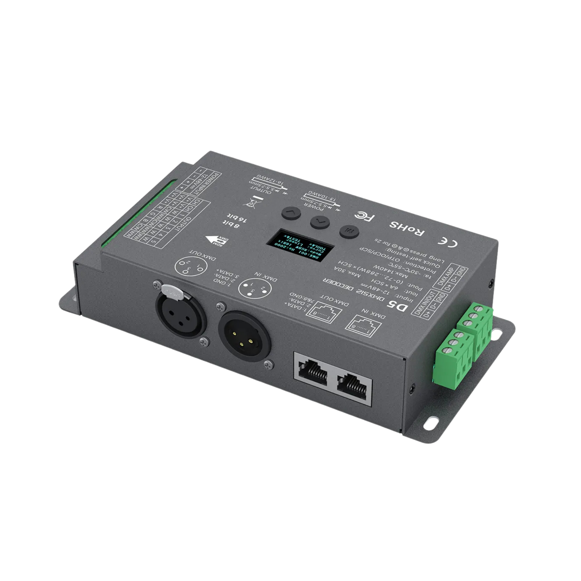 LTECH D5 DMX512/RDM LED Controller 5-Kanal 6A/Kanal, 12-48V DC, mit OLED Display, Konstantspannung