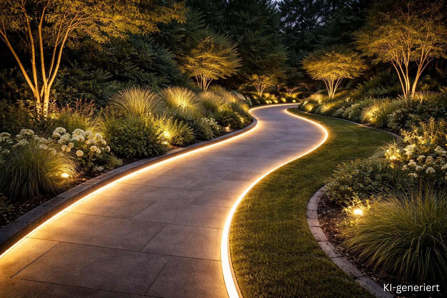 Wegbeleuchtung im Garten mit LED Streifen – modernes indirektes Licht Moderne Wegbeleuchtung im Garten mit LED Streifen entlang eines geschwungenen Gartenwegs