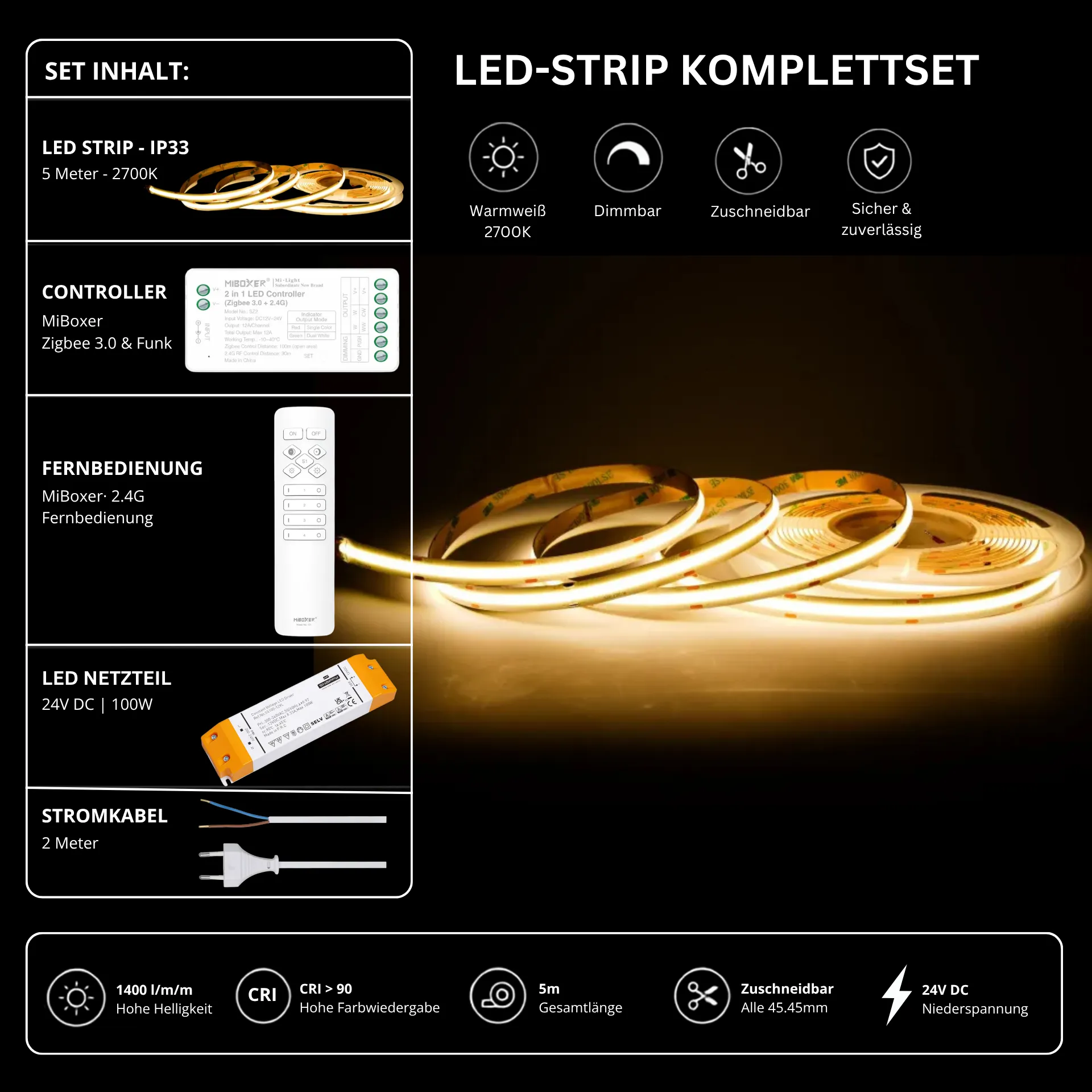 LED Streifen Set Warmweiß – COB LED Streifen 24V, punktfrei, 14 W/m, 5m, 2700K, CRI 90, IP33 – SS100 Netzteil, SZ2 Zigbee 3.0 Controller & C1 Fernbedienung Weiß