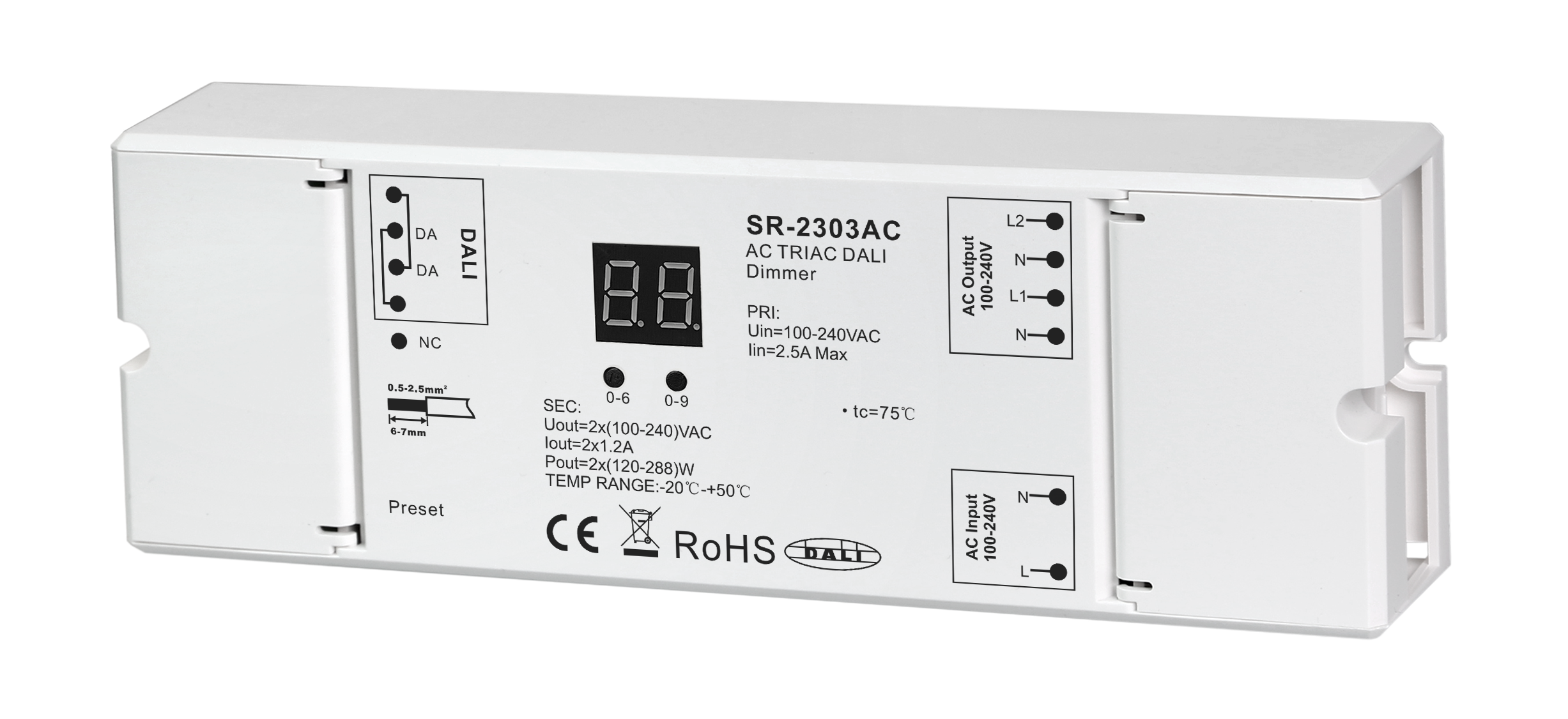 SR-2303AC zweikanaliger DALI Phasenabschnitt-Dimmer (Trailing Edge) für die direkte AC-Dimmung von dimmbaren 230V LED-Lampen, Halogenleuchten und Triac-fähigen LED-Treibern SR-2303AC DALI-2 Phasenabschnitt-Dimmer mit zwei AC-Ausgangskanälen für 100-240V, integrierter DT6-Schnittstelle, Digital-Display zur Adressvergabe und Preset-Taste für die minimale Dimm-Helligkeit