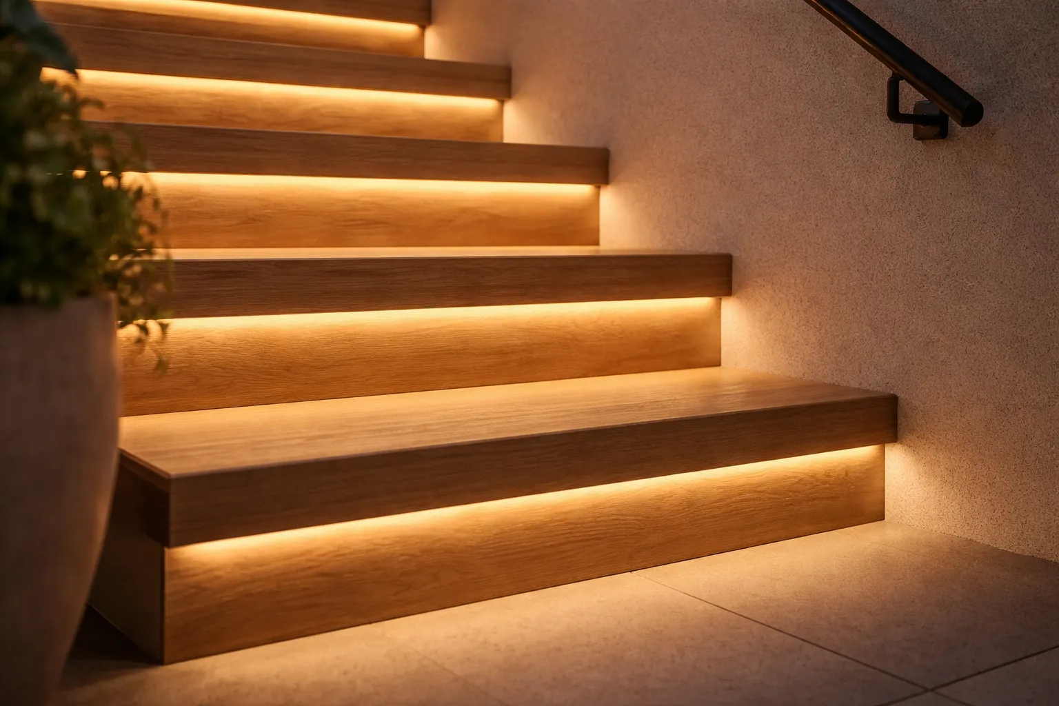Stufenbeleuchtung LED Streifen Treppe indirekt warmweiß Detail Treppenstufen Beleuchtung