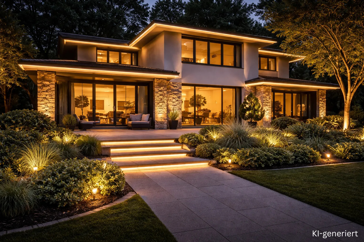 Außenbeleuchtung am Haus mit LED Streifen indirekt an der Fassade für warmweißes Licht im Gartenbereich