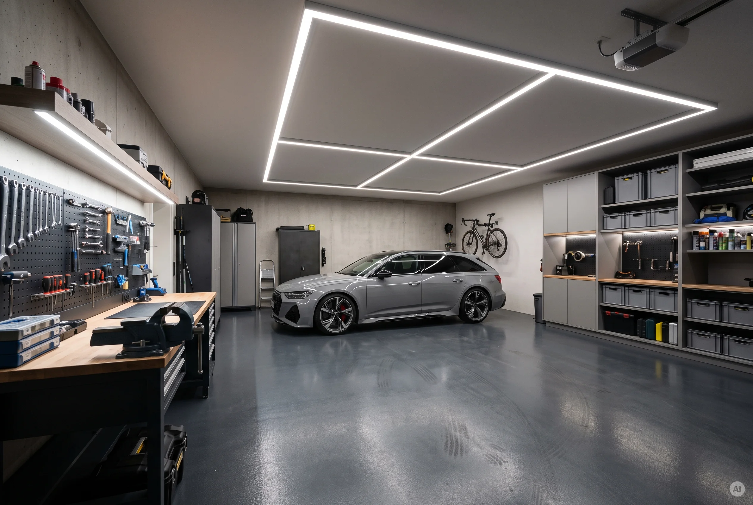 Exklusive Garage mit rechteckigem LED-Deckenlicht Weitwinkelaufnahme einer hochwertigen Garage mit großem LED-Lichtrahmen an der Decke, grauem Sportkombi und aufgeräumtem Regalsystem.