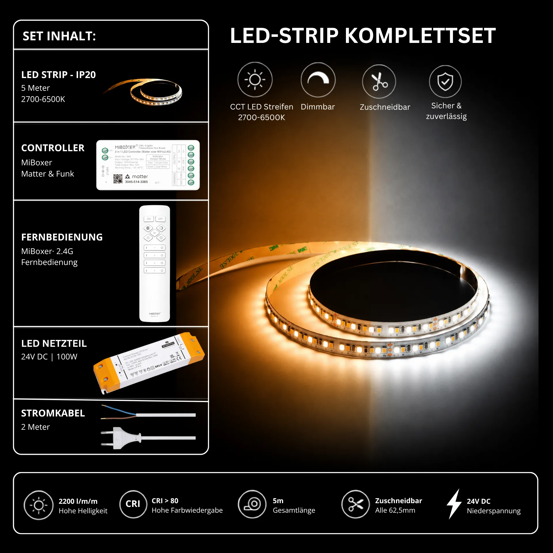 LED Streifen Set CCT IP20 – SMD LED Streifen 24V, 16 W/m, 2200 lm/m, 5m, 2700-6500K – SS100 Netzteil, SM2 Matter Controller & C1 Fernbedienung Weiß