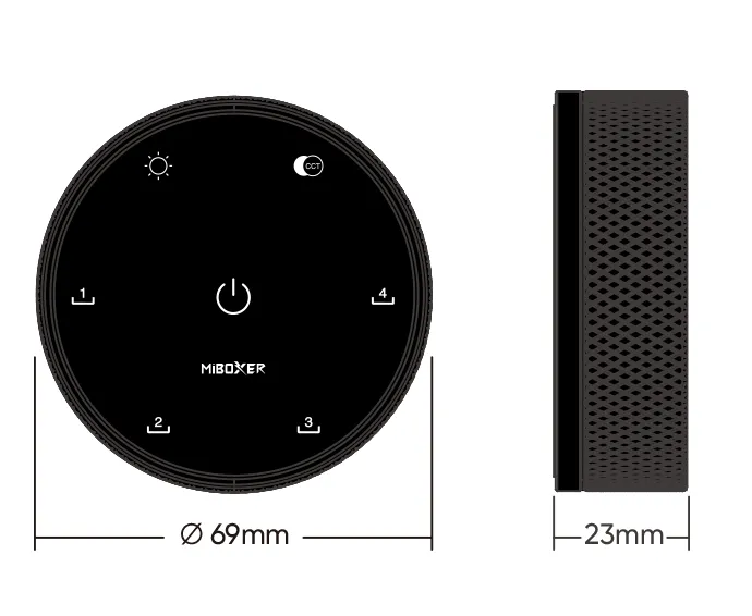 Technische Zeichnung MiBoxer K5 CCT Controller mit 69mm Durchmesser und 23mm Höhe