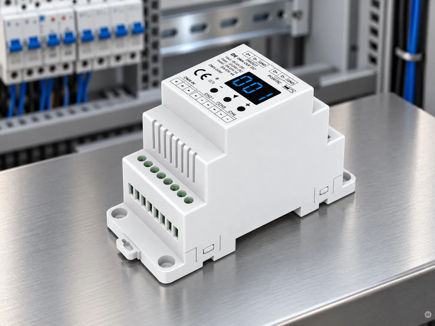 DMX-LED-Decoder für Hutschienenmontage im Schaltschrank mit Digitaldisplay zur präzisen Steuerung von LED-Streifen.