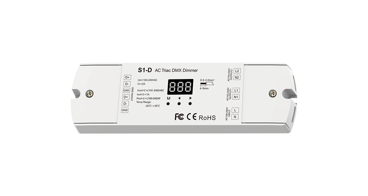 S1-D DMX512 Triac-Dimmer – 2-Kanal, 230 V, Phasenanschnitt/-abschnitt für LED & Halogen