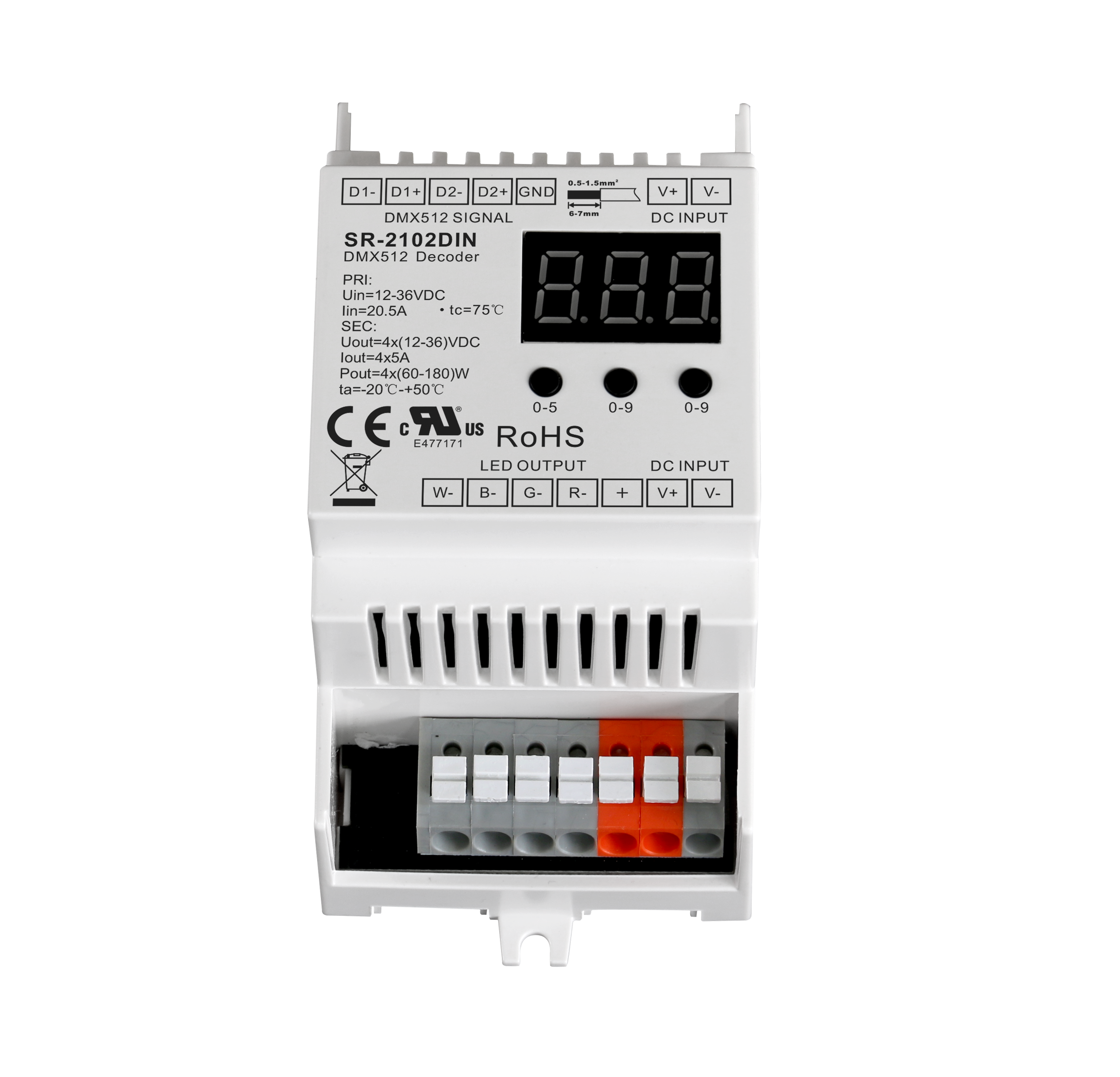 SR-2102DIN Hutschienen DMX512 Decoder – 3/4-Kanal, 5A/Kanal, 12–48 V, RDM & OTA