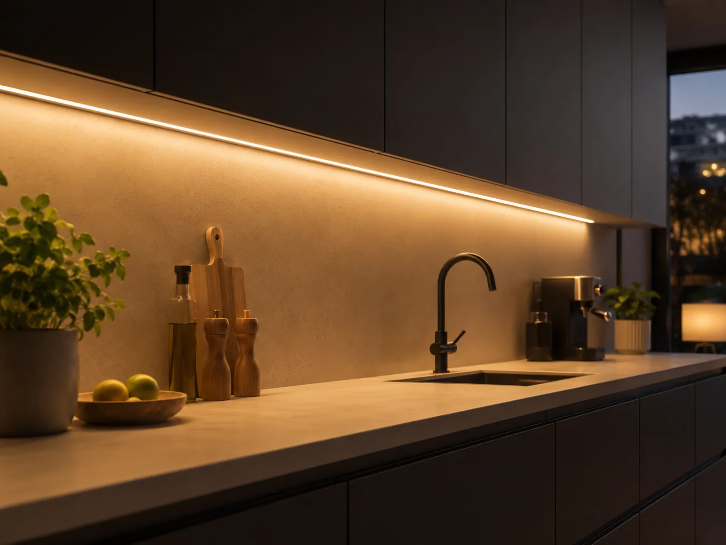 LED Unterbauleuchte in moderner Küche mit LED Streifen Warmweiße LED Unterbauleuchte unter modernen Küchenschränken