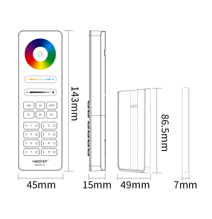 Technische Zeichnung MiBoxer C8 weiße LED Fernbedienung für RGB + CCT Strips, 2.4 GHz Smart Controller mit 8 Zonen – Maße 45×143×15 mm, inkl. Wandhalterung.