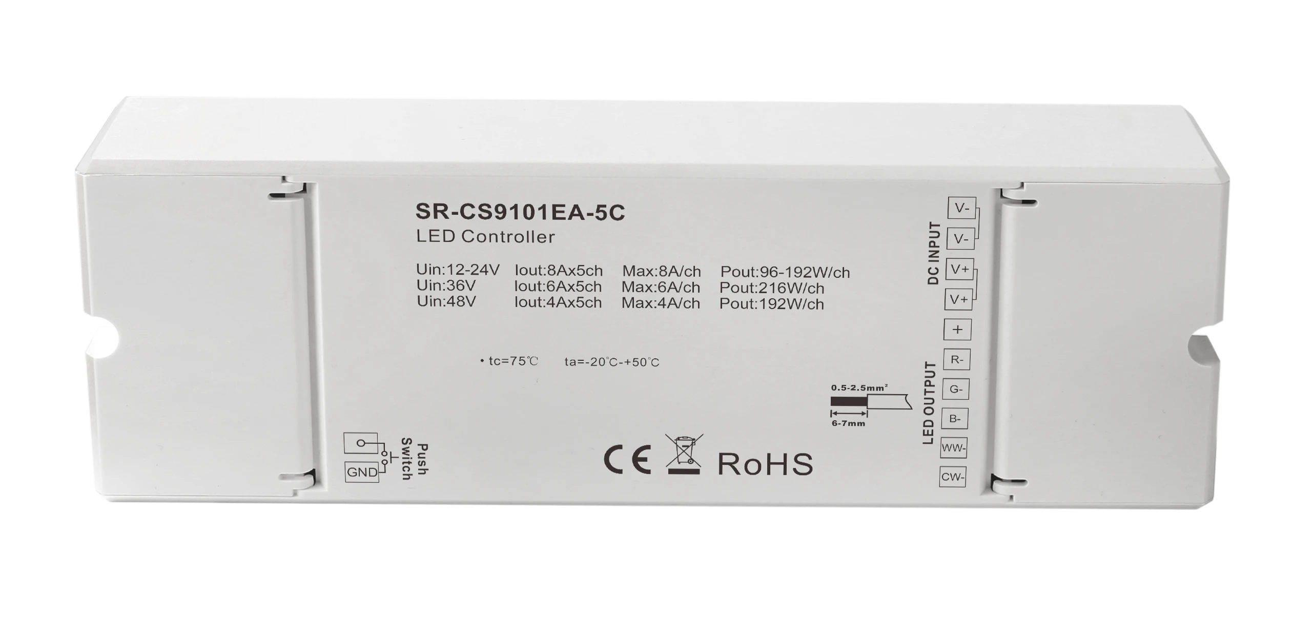 Casambi LED Controller 5 Kanal 8A Daten Casambi LED Controller 5 Kanal 8A RGBCCT RGBW Beschriftung und technische Daten