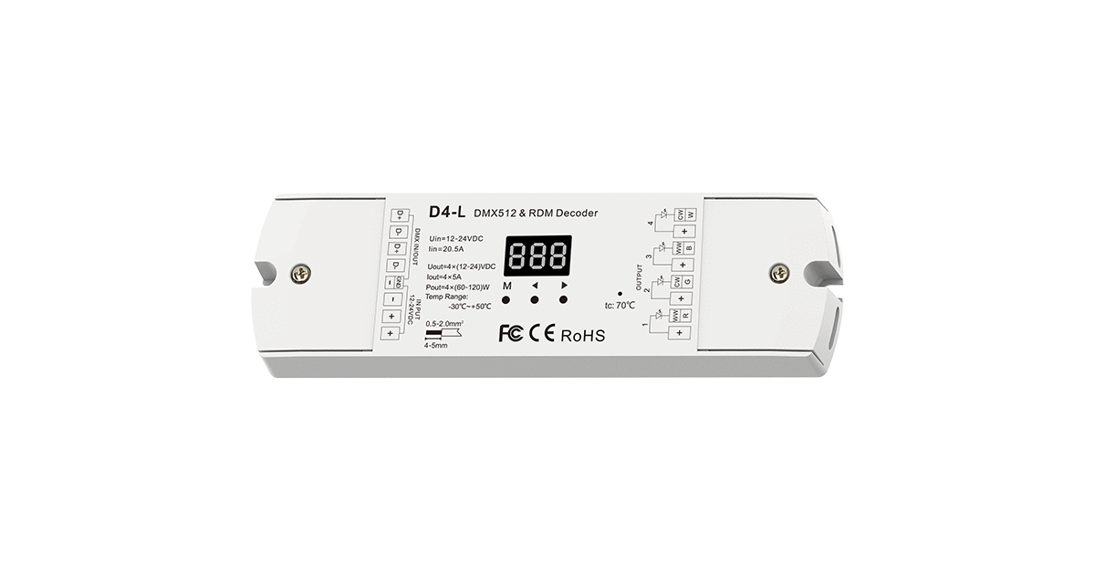 D4-L 4-Kanal DMX512 & RDM Controllers – RGBW LED-Treiber mit digitalem Display, 12–24 V DC, 5 A pro Kanal (20 A gesamt). Für professionelle LED-Streifen-Steuerungen – SK-LED