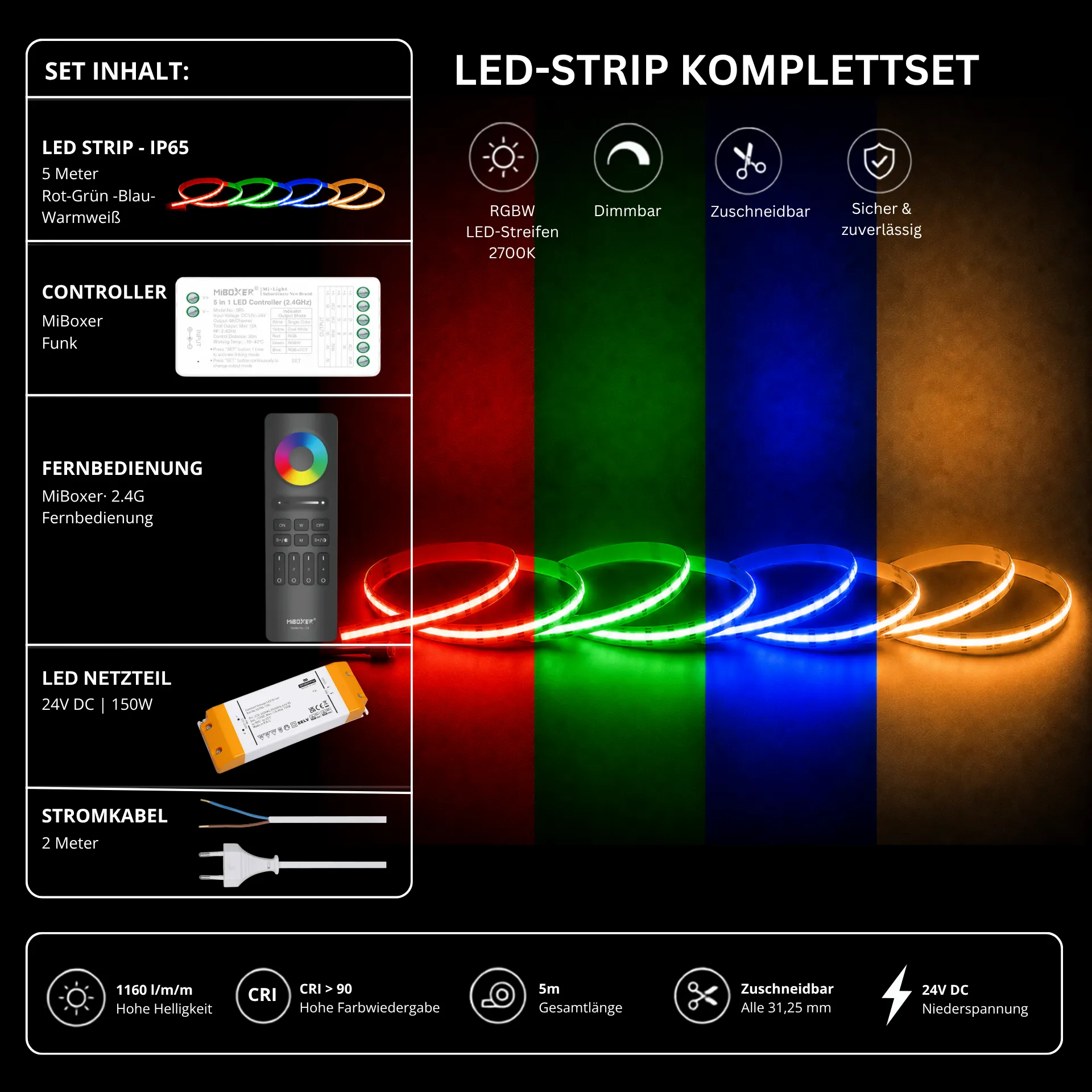 LED Streifen Set RGBW – COB LED Streifen 24V, punktfrei, 20 W/m, 5m, RGB + Warmweiß 2700K, CRI 90, IP65 – SS150 Netzteil, SR5 Funk-Controller & C5 Fernbedienung Schwarz