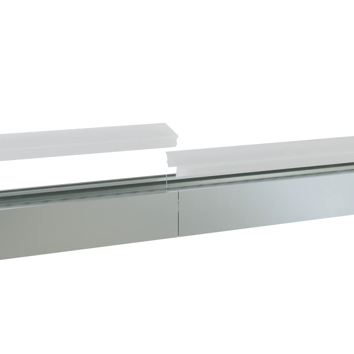 Kabelkanal-Stoßverbinder aus Aluminium zur geraden Verbindung zweier Kabelkanal-Segmente, Ansicht von schräg oben