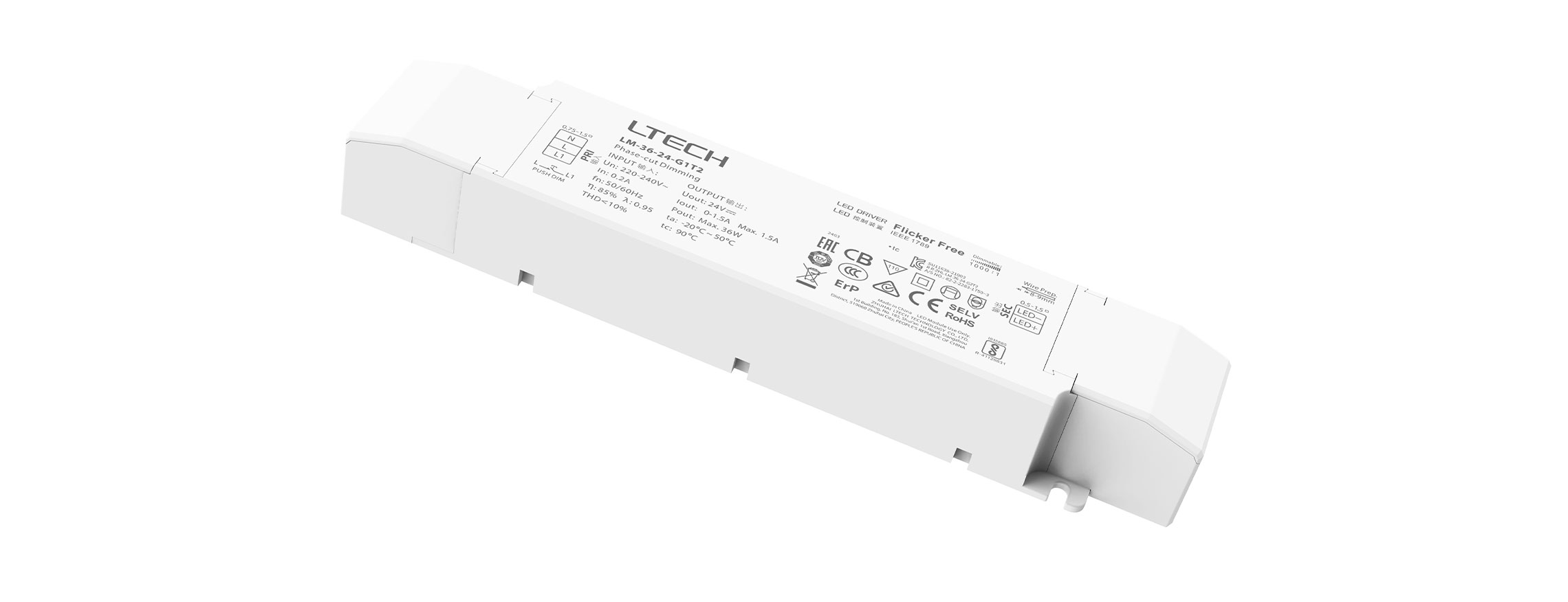 LTECH LM-36-24-G1T2 LED Netzteil 24V DC 36W – Triac und ELV dimmbares Konstantspannungsnetzteil mit Push DIM, 3600 Hz PWM flackerfrei, Softstart, TÜV- und SELV-zertifiziert, IP20