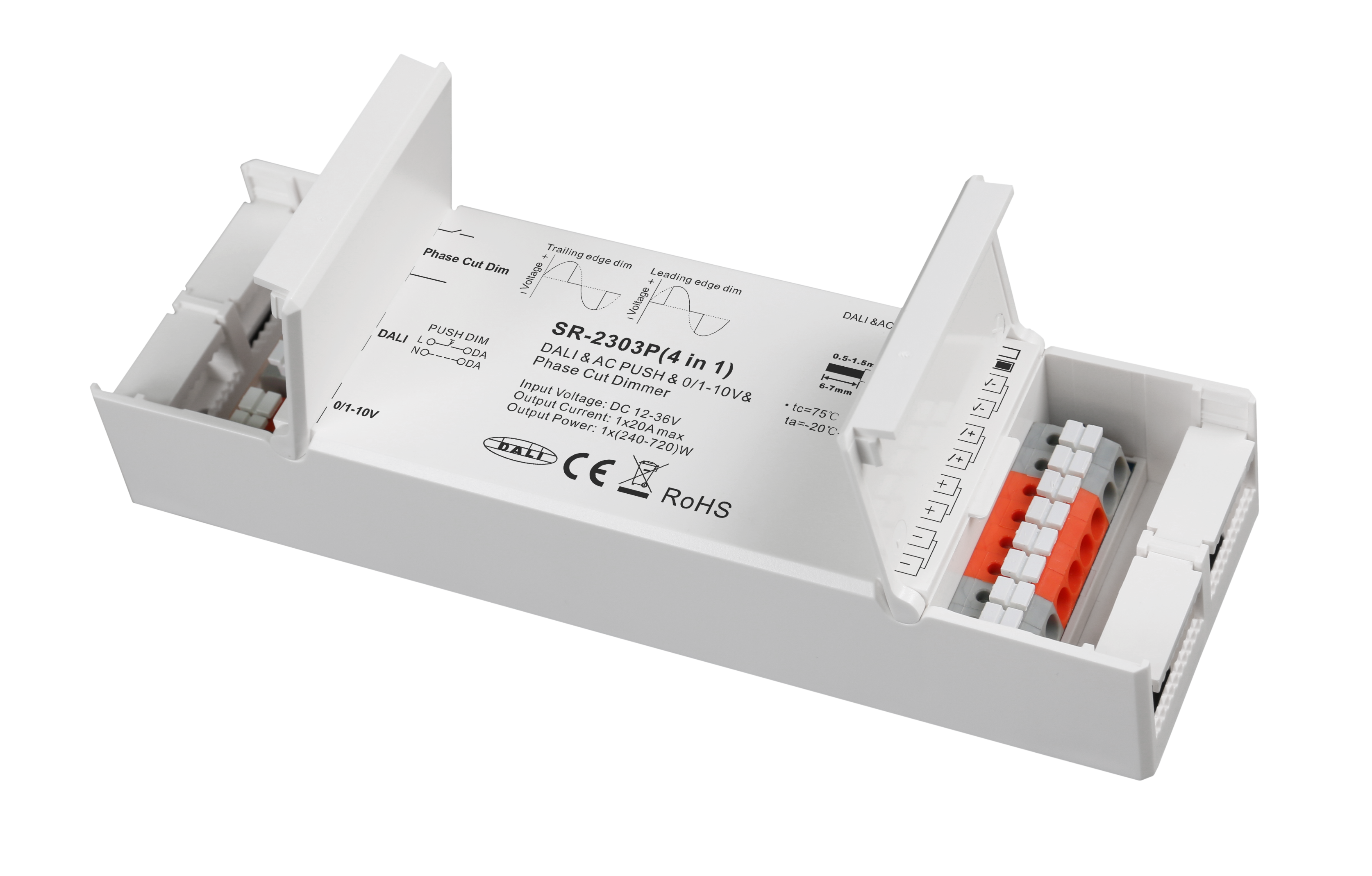 SR-2303P LED-Dimmer 1-Kanal –  20A, 12–48 V DC, Konstantspannung 4-in-1 - DALI / 0–10 V / Taster / Phasenanschnitt/-abschnitt