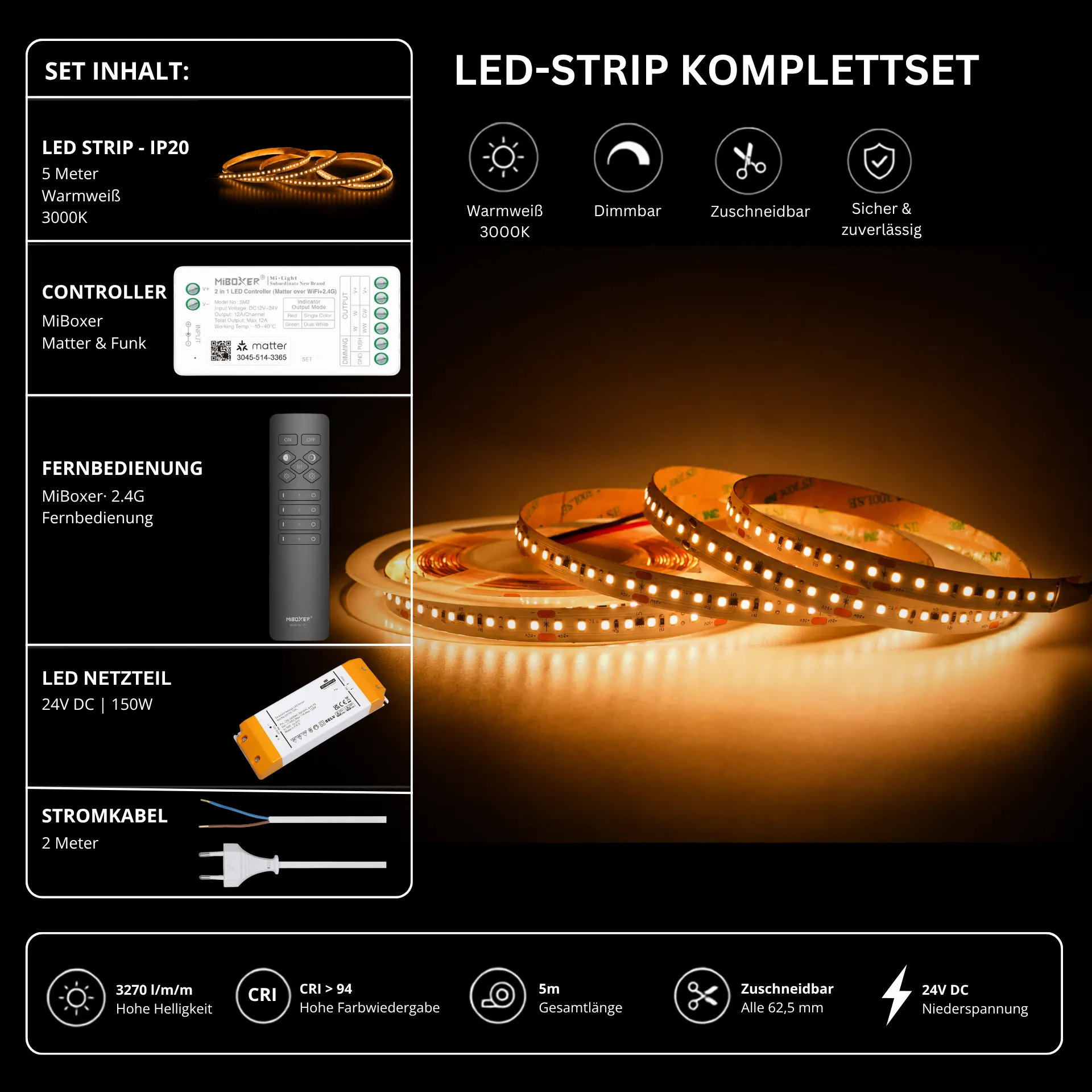 LED Streifen Set High Power Warmweiß 3000K – SMD LED Streifen 24V, 22 W/m, 3270 lm/m, 5m – SS150 Netzteil, SM2 Matter Controller & C1 Fernbedienung Schwarz