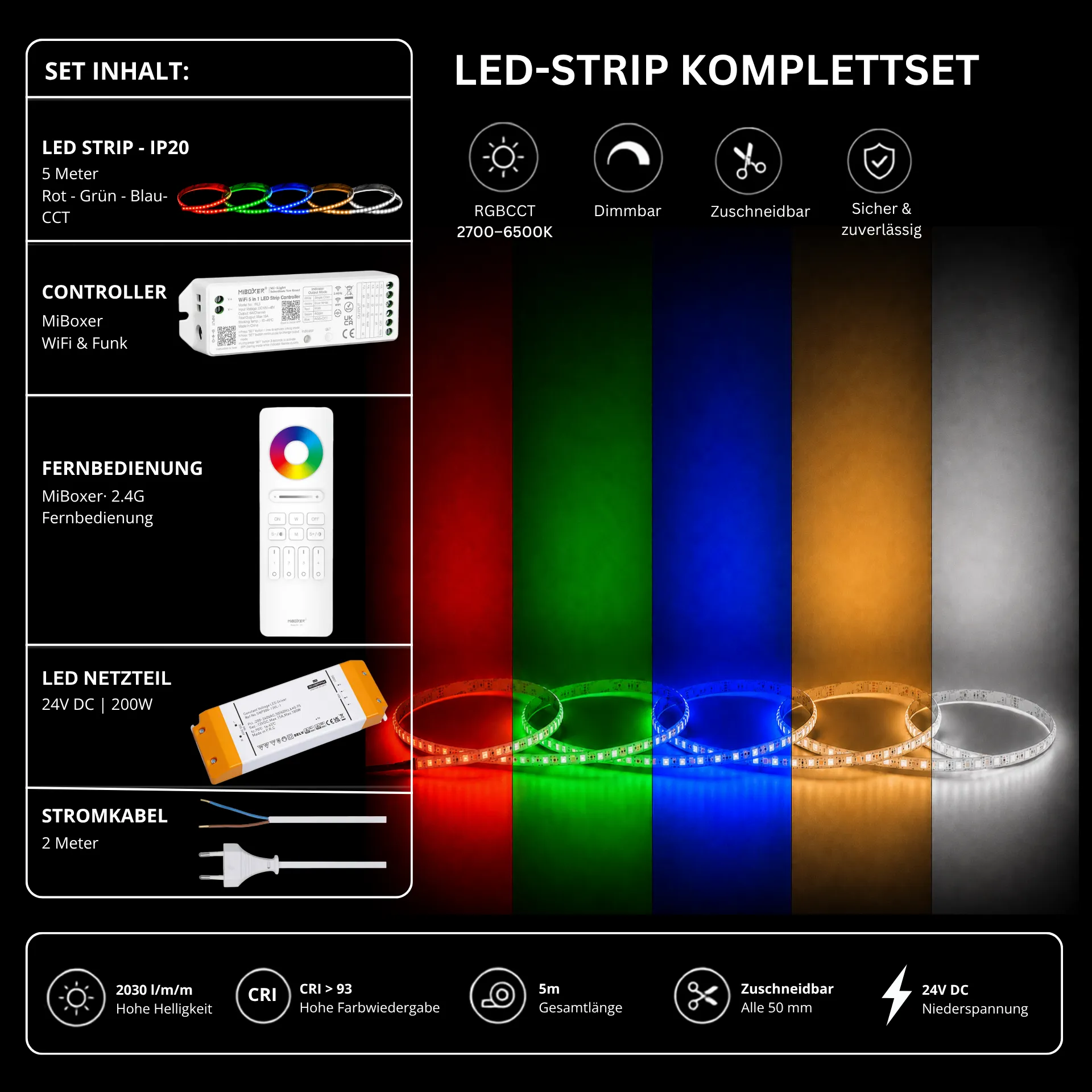 LED Streifen Set RGBCCT – RGBCCT LED Streifen 24V, 5-in-1, 33 W/m, 2030 lm/m, 5m, RGB + 2700-6500K – SNP-200 Netzteil, WL5 WiFi Controller & C5 Fernbedienung Weiß