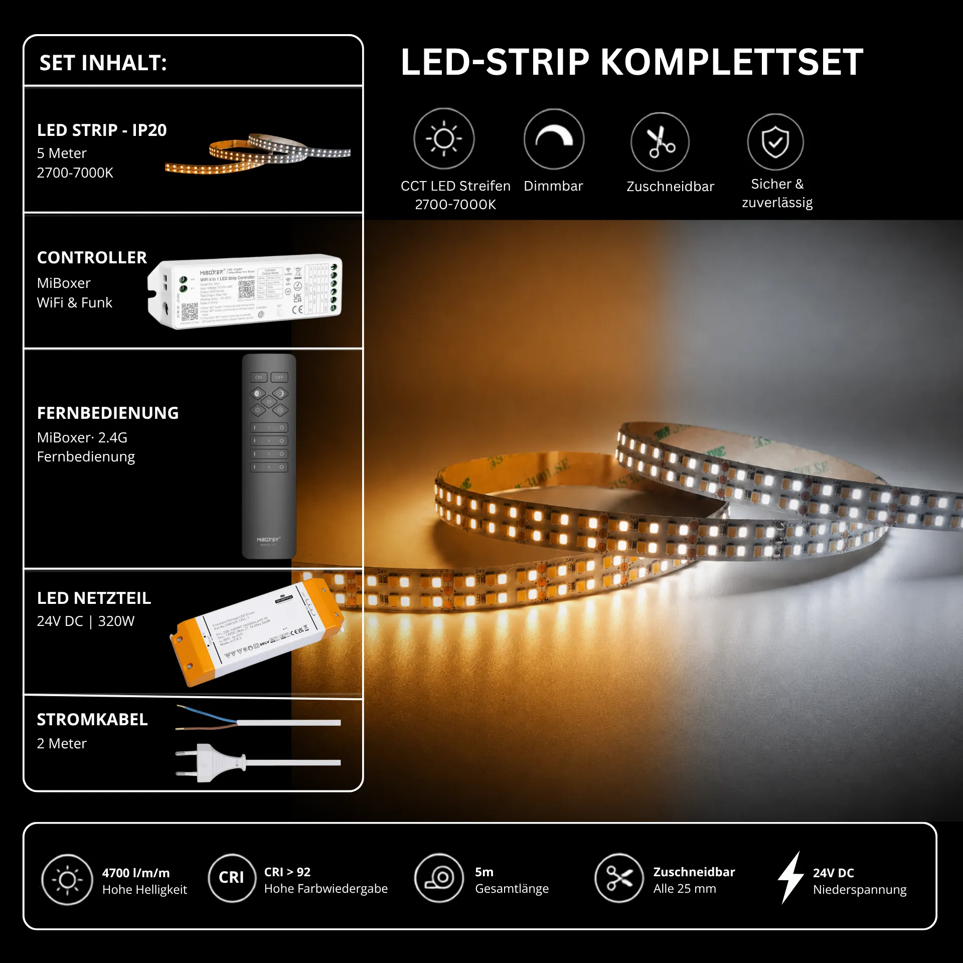 LED Streifen Set CCT High Power – 12 mm CCT LED Streifen 24V, 40 W/m, 4700 lm/m, 5m, 2700K-7000K, CRI 92 – SNP-320 Netzteil, WL5 WiFi Controller & C1 Fernbedienung Schwarz