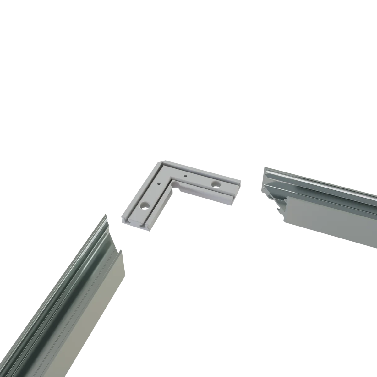 CON-A2 Verbinder 90° – Montagedarstellung Eckverbinder mit LED-Aluminiumprofilen CON-A2 Verbinder 90° – L-Eckverbinder zwischen zwei LED-Aluminiumprofilen vor der Montage, Explosionsdarstellung von schräg oben