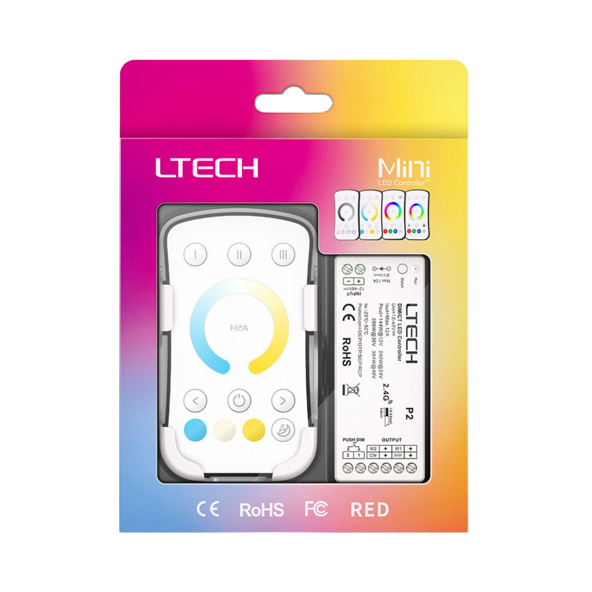 LTECH M2A+P2 CCT LED Funk Set 2.4 GHz, Funk Fernbedienung & 2-Kanal Empfänger, 12-48V DC, für CCT LED Streifen