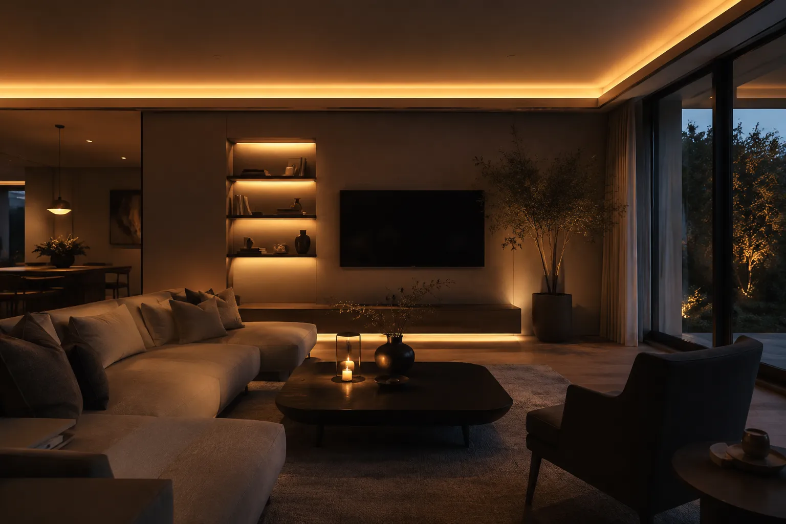 Gedimmter 230V LED Streifen im Wohnzimmer mit warmer indirekter Beleuchtung für gemütliche Lichtstimmung