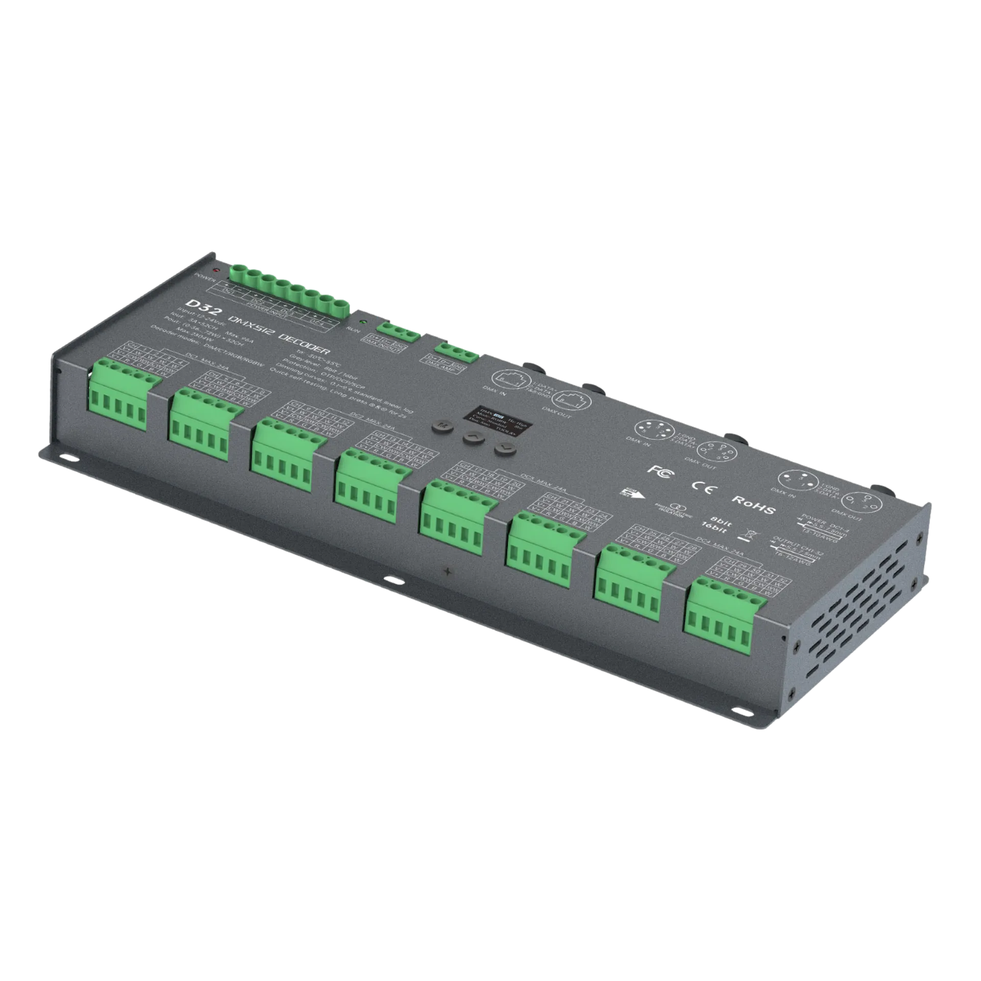 LTECH D32 DMX512/RDM LED Controller 32-Kanal 3A, 12-24V DC, mit OLED Display, Konstantspannung