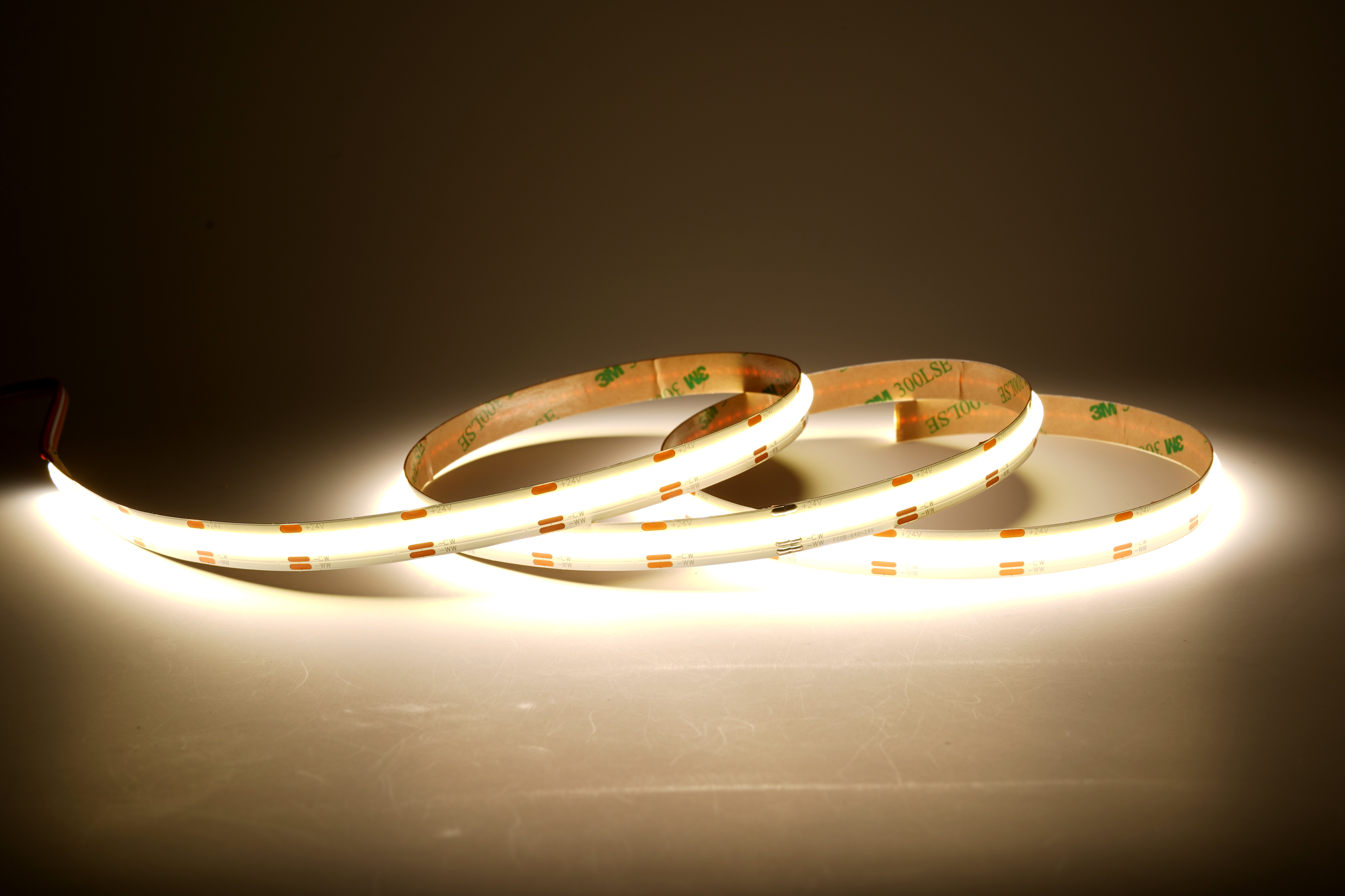 Beleuchteter COB CCT LED Streifen 24V mit 640 LEDs/m, leicht abgerollt – homogenes, punktfreies Tunable-White LED Band
