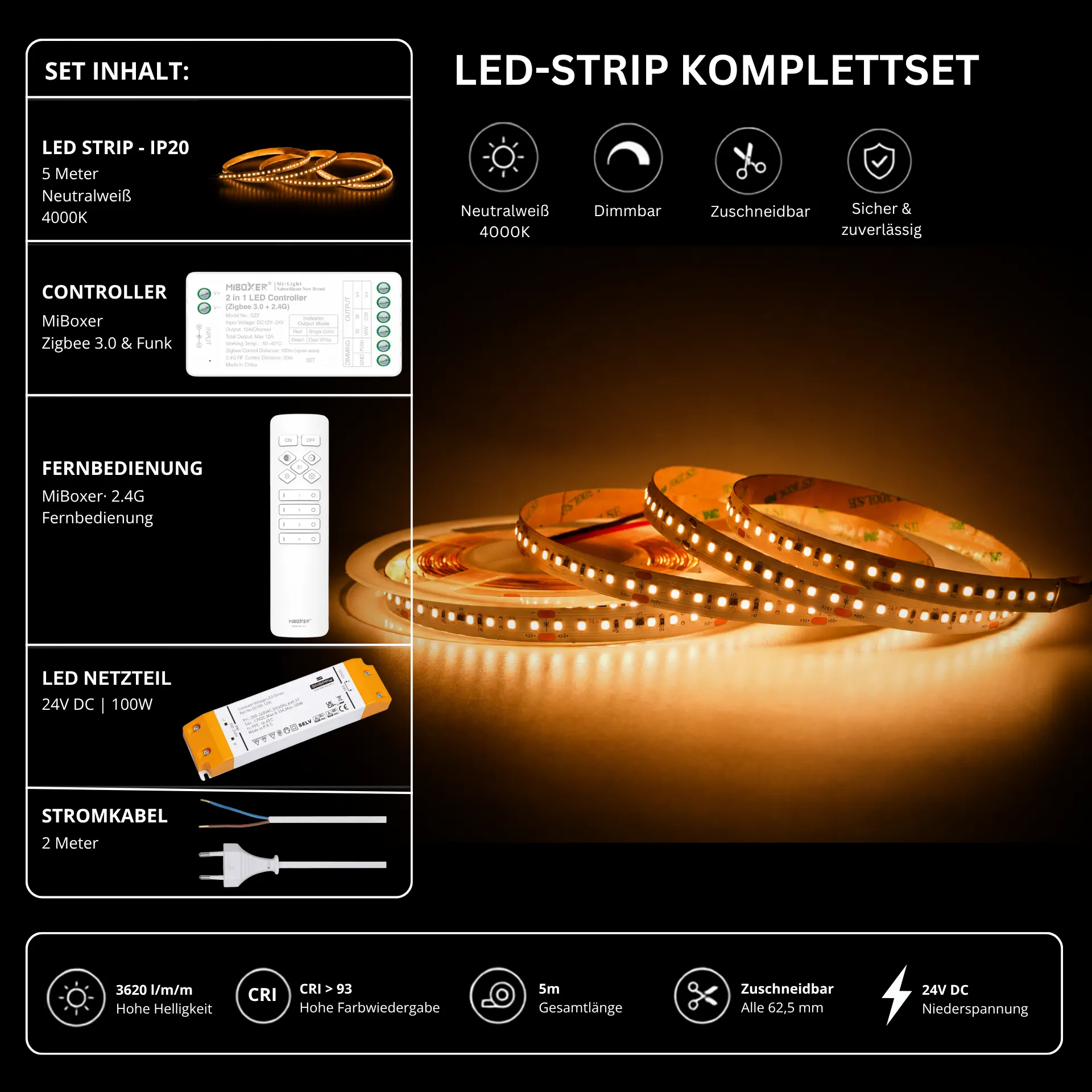 LED Streifen Set High Power Neutralweiß 4000K – SMD LED Streifen 24V, 22 W/m, 3620 lm/m, 5m – SS150 Netzteil, SZ2 Zigbee 3.0 Controller & C1 Fernbedienung Weiß