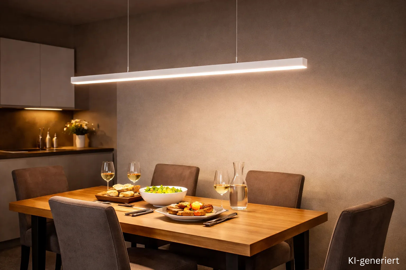 Indirekte Beleuchtung im Esszimmer mit LED Streifen an der Decke für modernes Ambiente