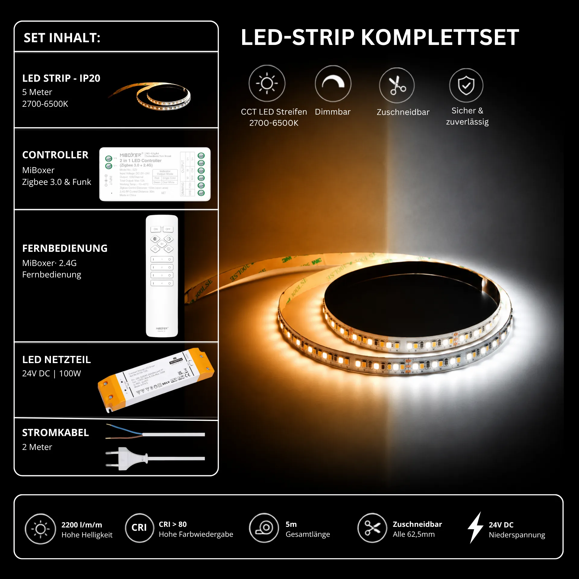 LED Streifen Set CCT IP20 – SMD LED Streifen 24V, 16 W/m, 2200 lm/m, 5m, 2700-6500K – SS100 Netzteil, SZ2 Zigbee 3.0 Controller & C1 Fernbedienung Weiß