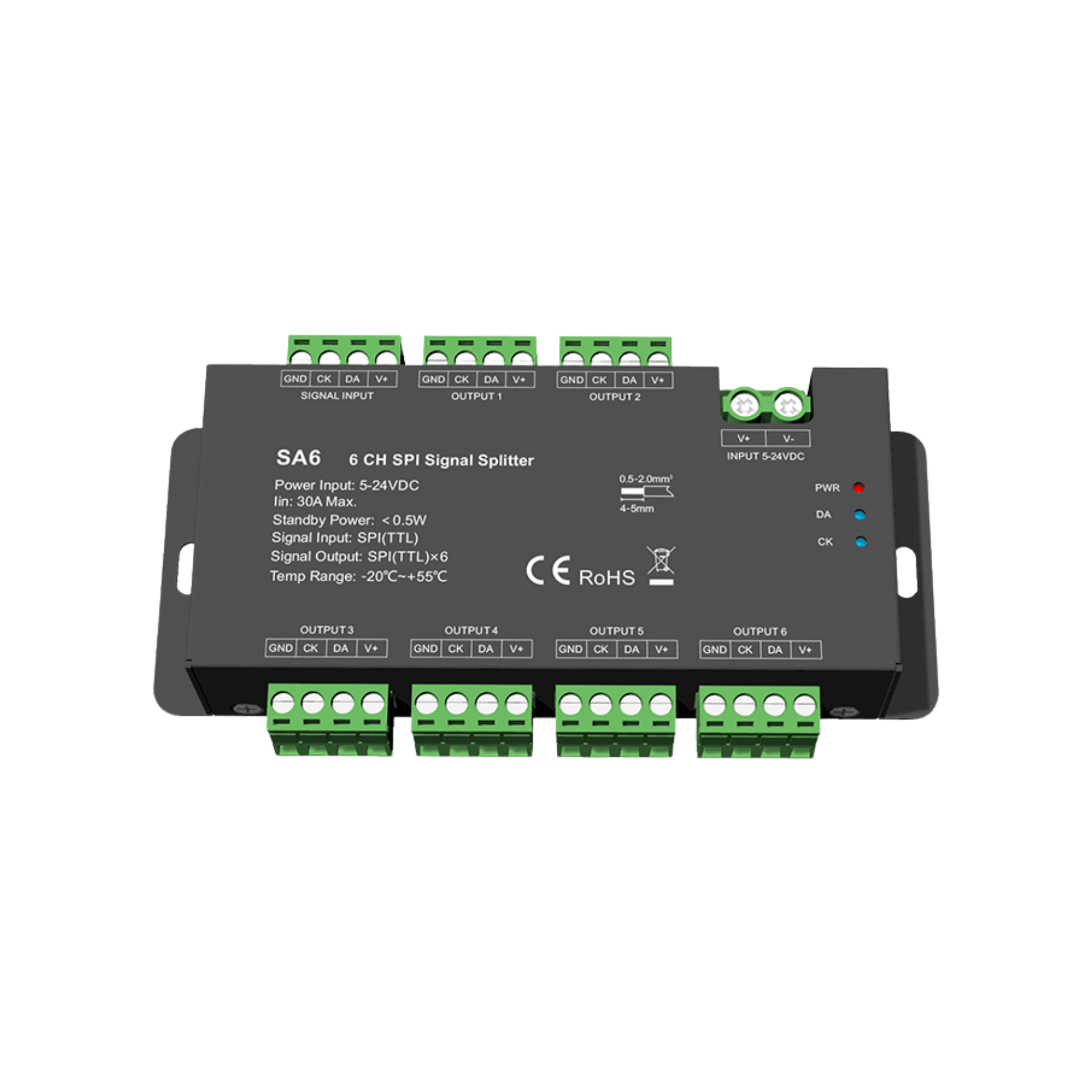 SA6 SPI Signalverstärker & Splitter – 1 Eingang, 6 Ausgänge, für digitale RGB & RGBW LED Streifen, 5–24 V DC SA6 SPI Signalverstärker & Splitter – 1 Eingang, 6 Ausgänge, für digitale RGB & RGBW LED Streifen, 5–24 V DC
