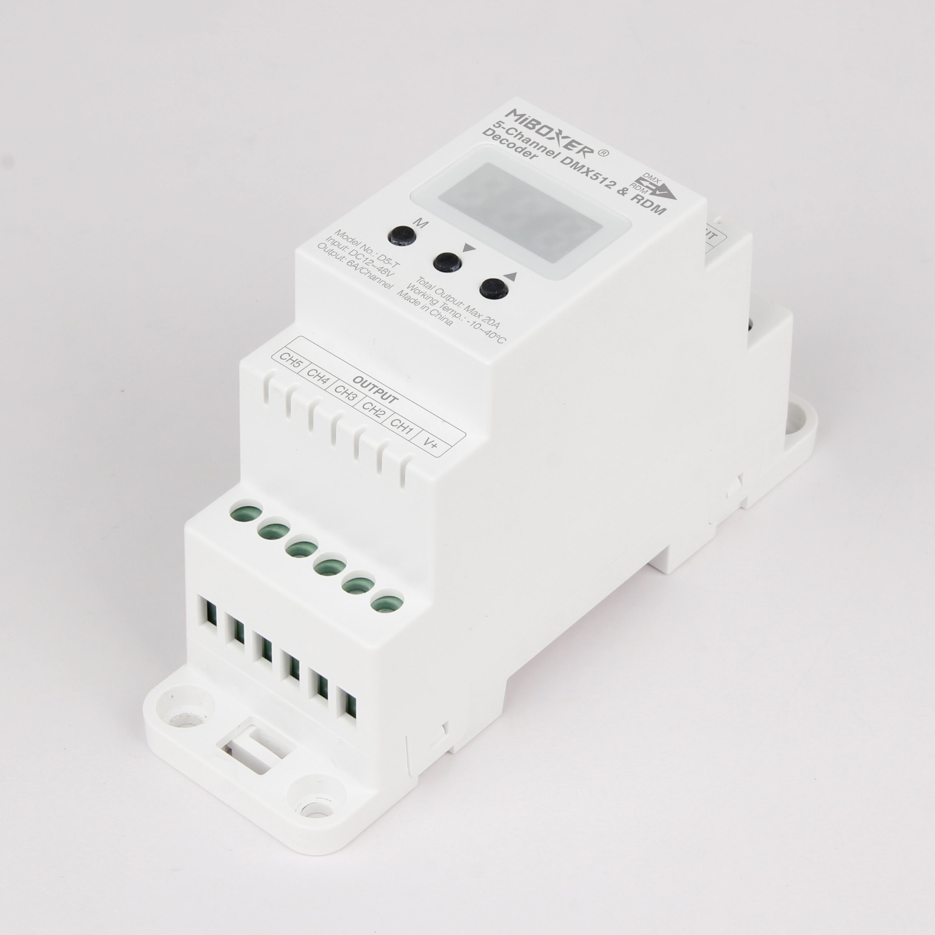 MiBoxer D5-T LED-Decoder Hutschiene Seitenansicht Art. 23001 MiBoxer D5-T 5-Kanal DMX512 RDM LED-Decoder für Hutschiene in Seitenansicht 12–48 V Konstantspannung Art. 23001