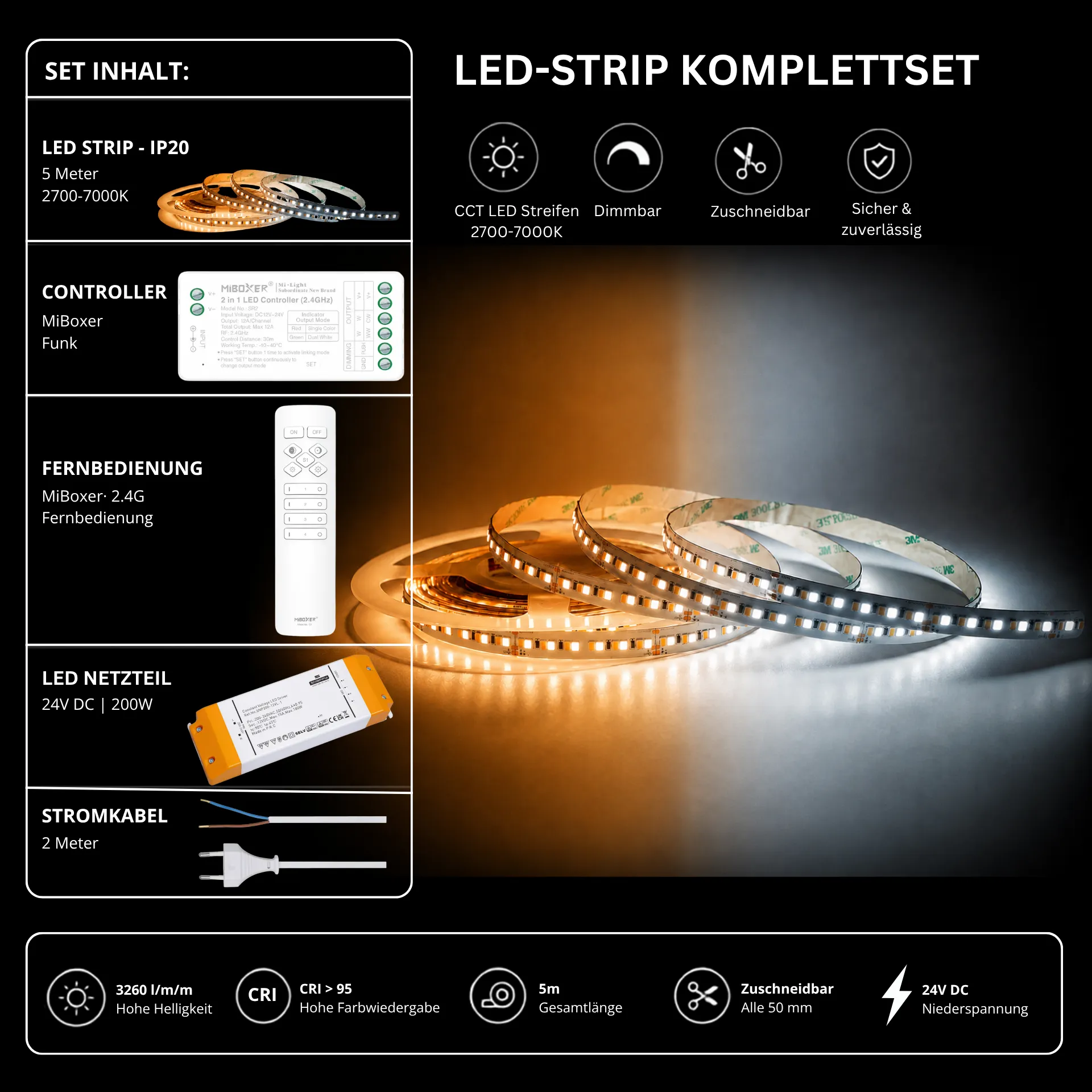 LED Streifen Set Tunable White – CCT LED Streifen 24V, 240 LEDs/m, 29 W/m, 5m, 2700-7000K, CRI 95 – SNP-200 Netzteil, SR2 Funk-Controller & C1 Fernbedienung Weiß