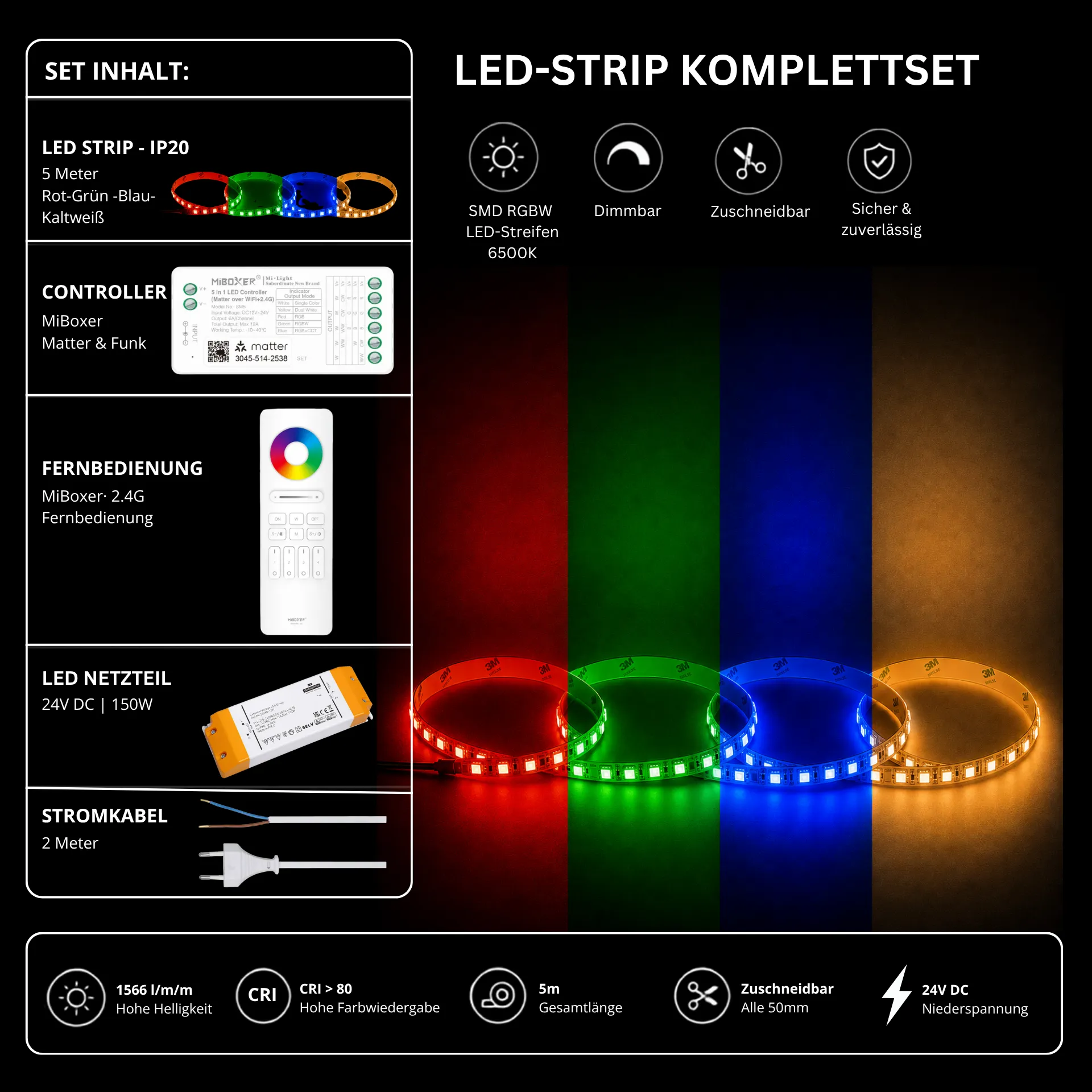 LED Streifen Set RGBW – SMD LED Streifen 24V, 4-in-1, 19,2 W/m, 5m, RGB + Kaltweiß 6500K – SS150 Netzteil, SM5 Matter Controller & C5 Fernbedienung Weiß