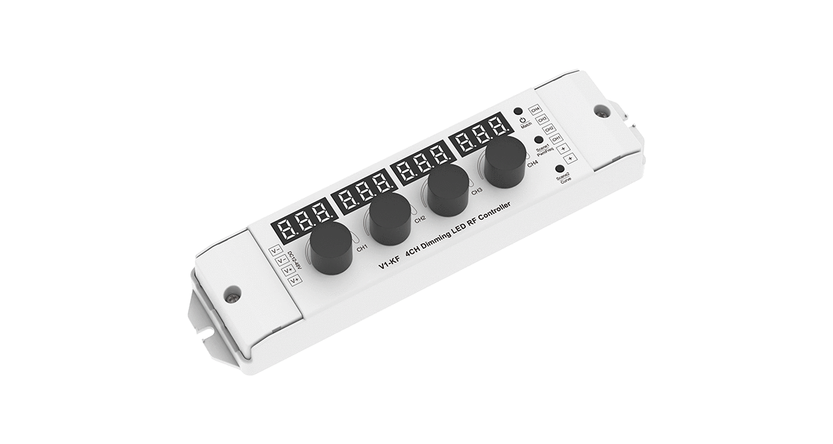 V1-KF LED Controller 4 Kanal 12-48V manuelle Steuerung mit Drehregler für LED Streifen V1-KF LED Controller 4 Kanal 12-48V mit Drehregler für manuelle Steuerung von LED Streifen
