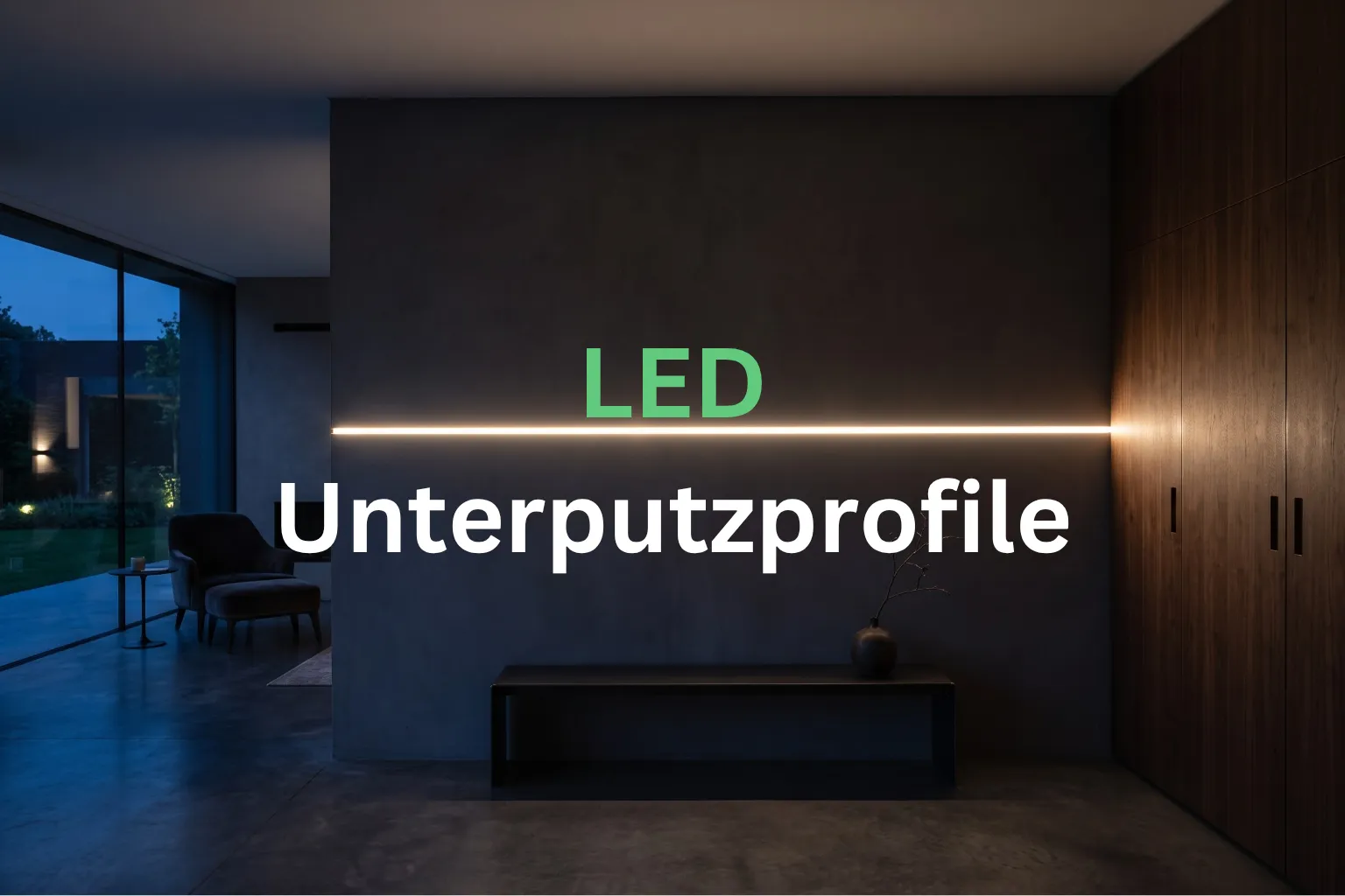 LED Unterputzprofile im modernen Wohnzimmer Infografik und Titelbild zum Thema LED Unterputzprofile mit dem Text 'LED Unterputzprofile' vor einer beleuchteten Wand.