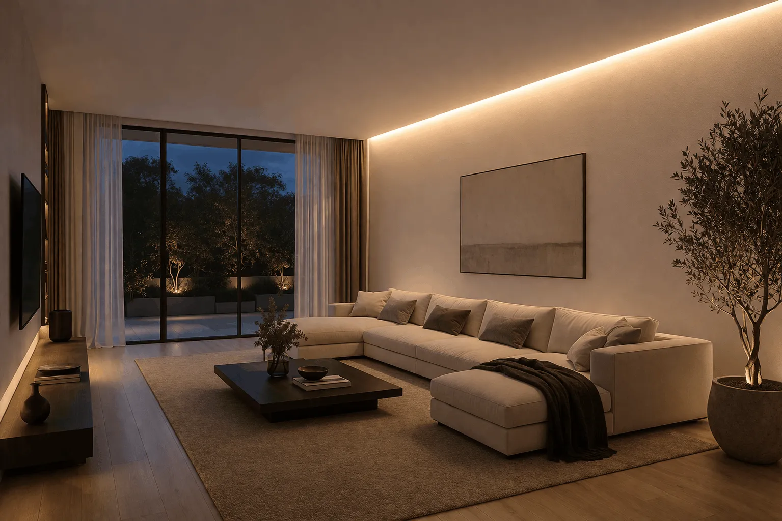 Wohnzimmerdecke mit LED Trockenbauprofil als indirekte Deckenbeleuchtung Wohnzimmerdecke mit LED Trockenbauprofil als indirekte Deckenbeleuchtung