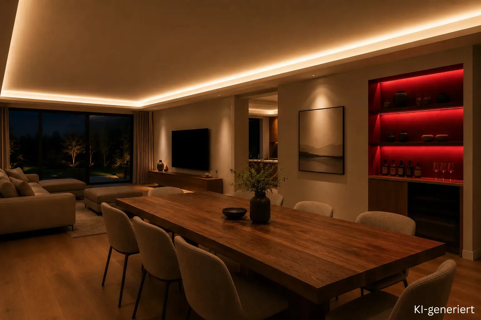 RGBW LED Streifen Set mit natürlichem Weißlicht an der Decke und farbigem Akzent in der Wandnische