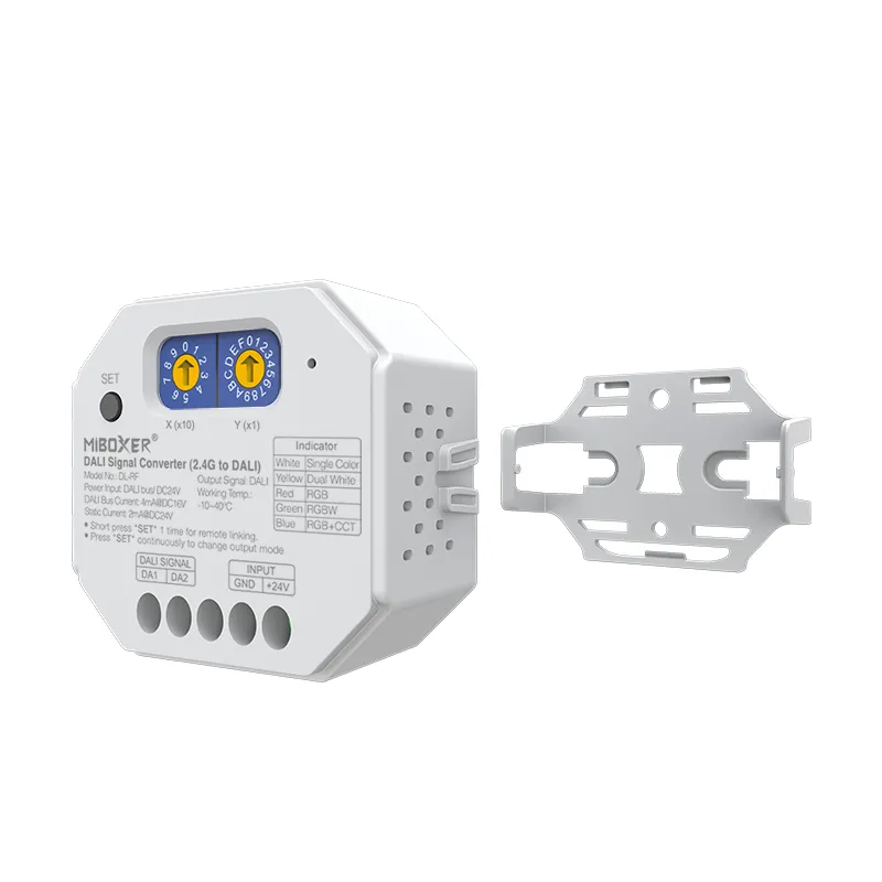 MiBoxer DL-RF Funk auf DALI Wandler mit Anschlussklemmen für DALI Signal und 24V Eingang, daneben die Montagehalterung