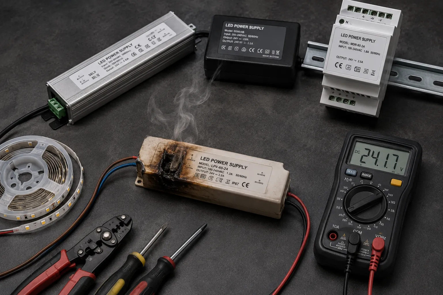 falsches-led-netzteil-werkbank-uebersicht-led-treiber-hutschiene-aufbau-ip67 falsches-led-netzteil-werkbank-uebersicht-led-treiber-hutschiene-aufbau-ip67
