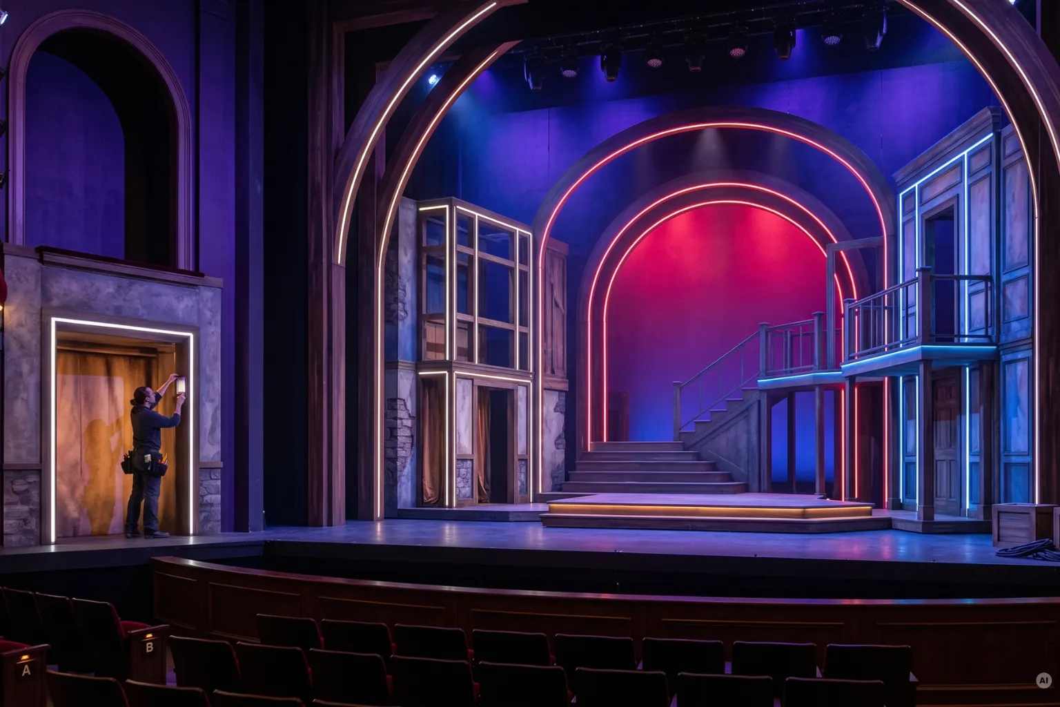 Moderne Theaterbühne mit Neon-LED-Beleuchtung in Violett, Blau und Rot. Ein Techniker steht im Torweg.
