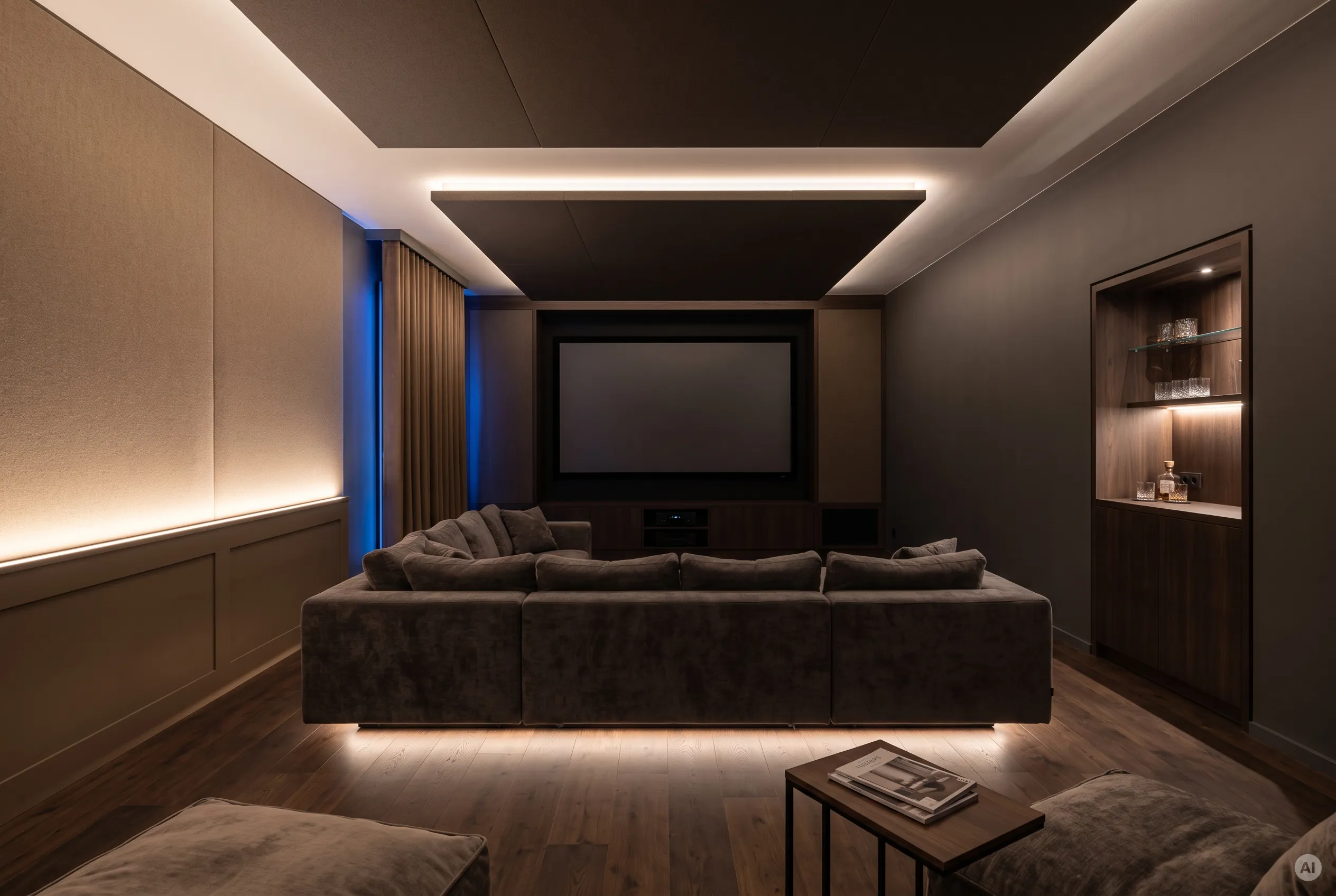 Gemütlicher Heimkino-Loungebereich im Keller mit U-Sofa, schwebender LED-Sockelbeleuchtung und dezent beleuchteter Wandnische für Getränke.
