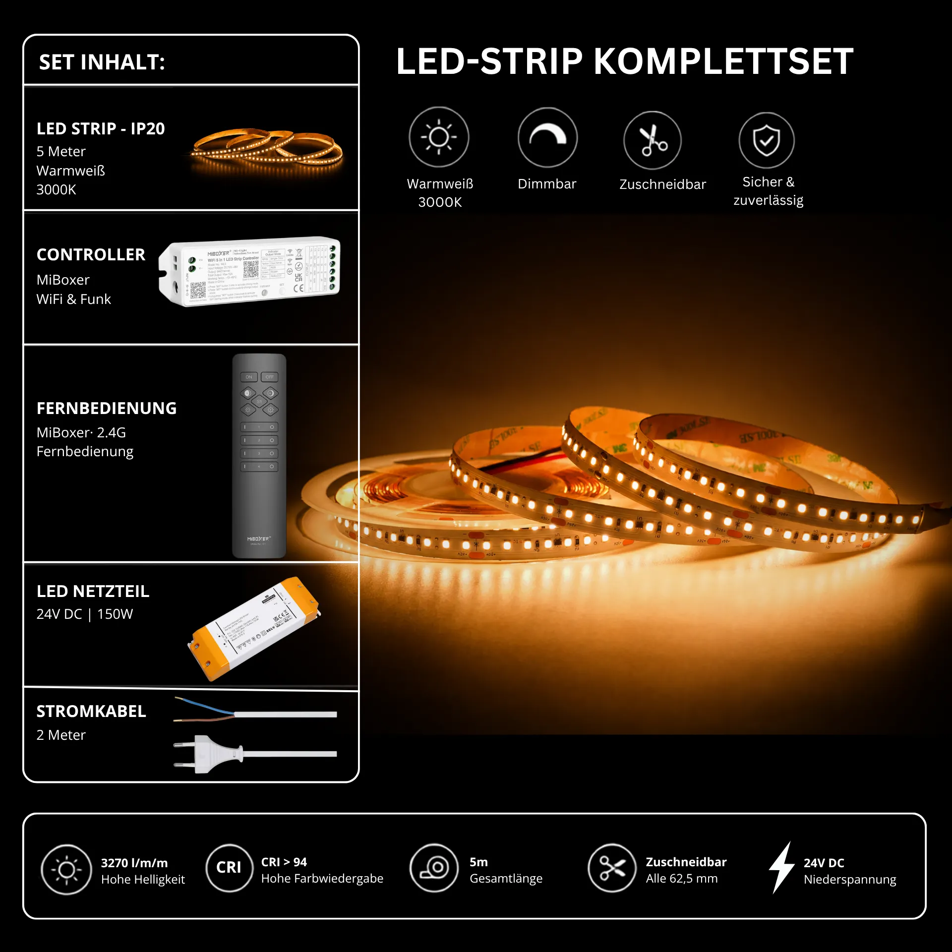LED Streifen Set High Power Warmweiß 3000K – SMD LED Streifen 24V, 22 W/m, 3270 lm/m, 5m – SS150 Netzteil, WL5 WiFi Controller &amp; C1 Fernbedienung Schwarz